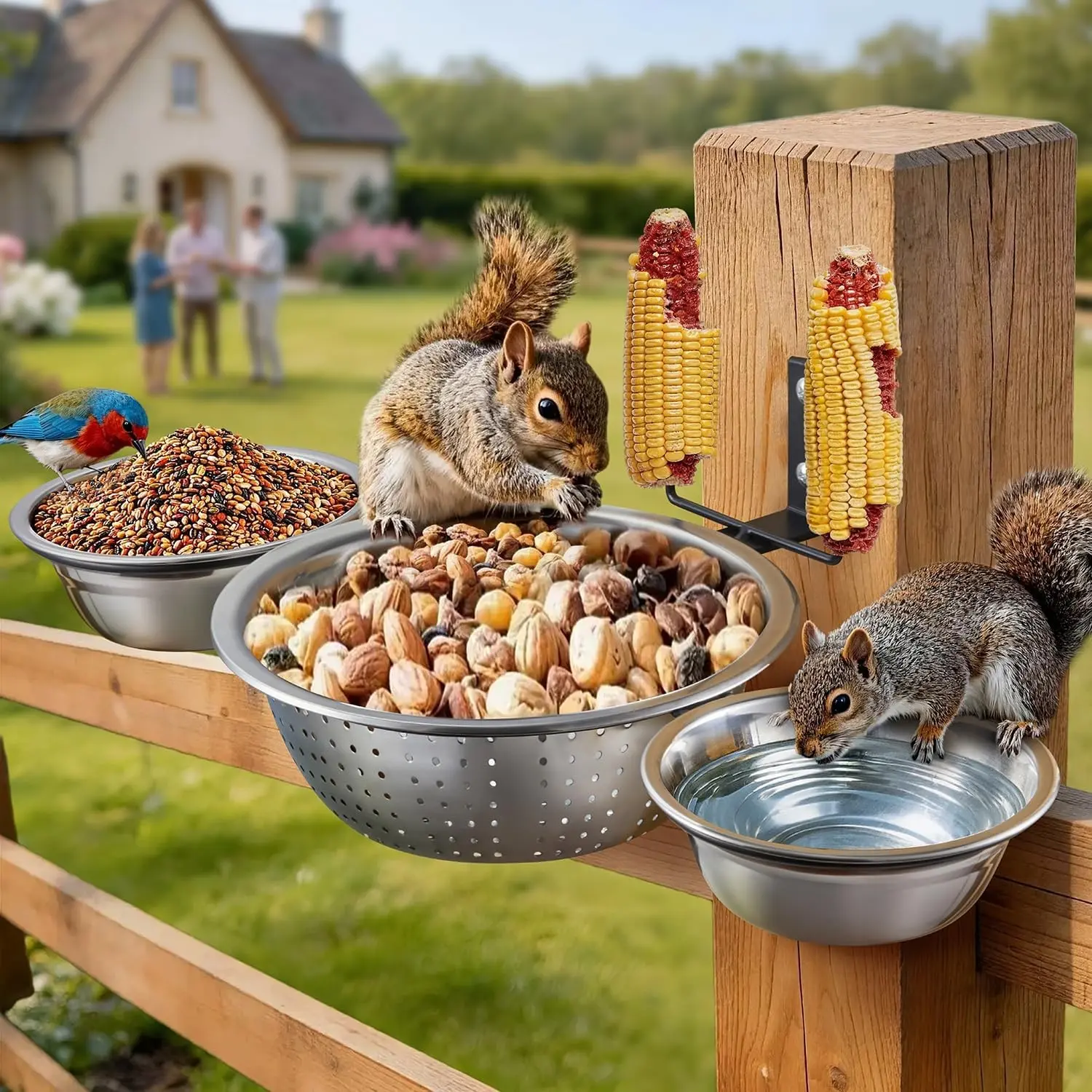 3 Bowls Squirrel Feeders for Outside, Bird Water Bath Feeder for Tree, Fence, Backyard, 2 Corn Cob Holders for Outdoor, Multiple Food Fun