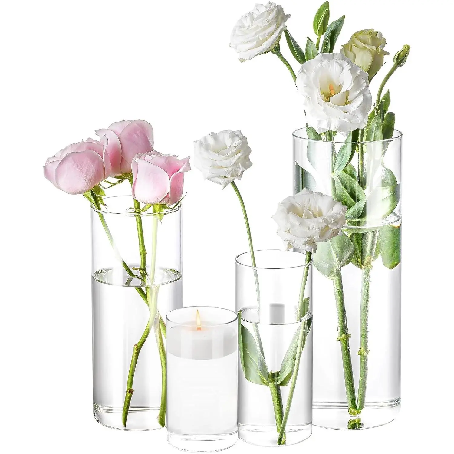 4 Pack Clear Glass Cylinder Vases 4/6/8/10 Inch Tall, Flower Vase Hurricane Floating Candle Holder for Table Centerpiece Wedding Home Decor
