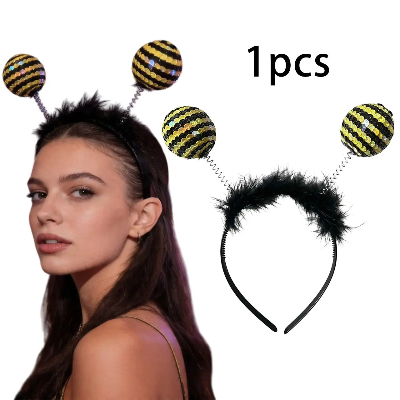 1pcs Bee Antenna Hairband, Bee Ball Headband, Sequins Feather Spring Hairband, Halloween Carnival Festival Adult Party Birthday Cosplay Accessory