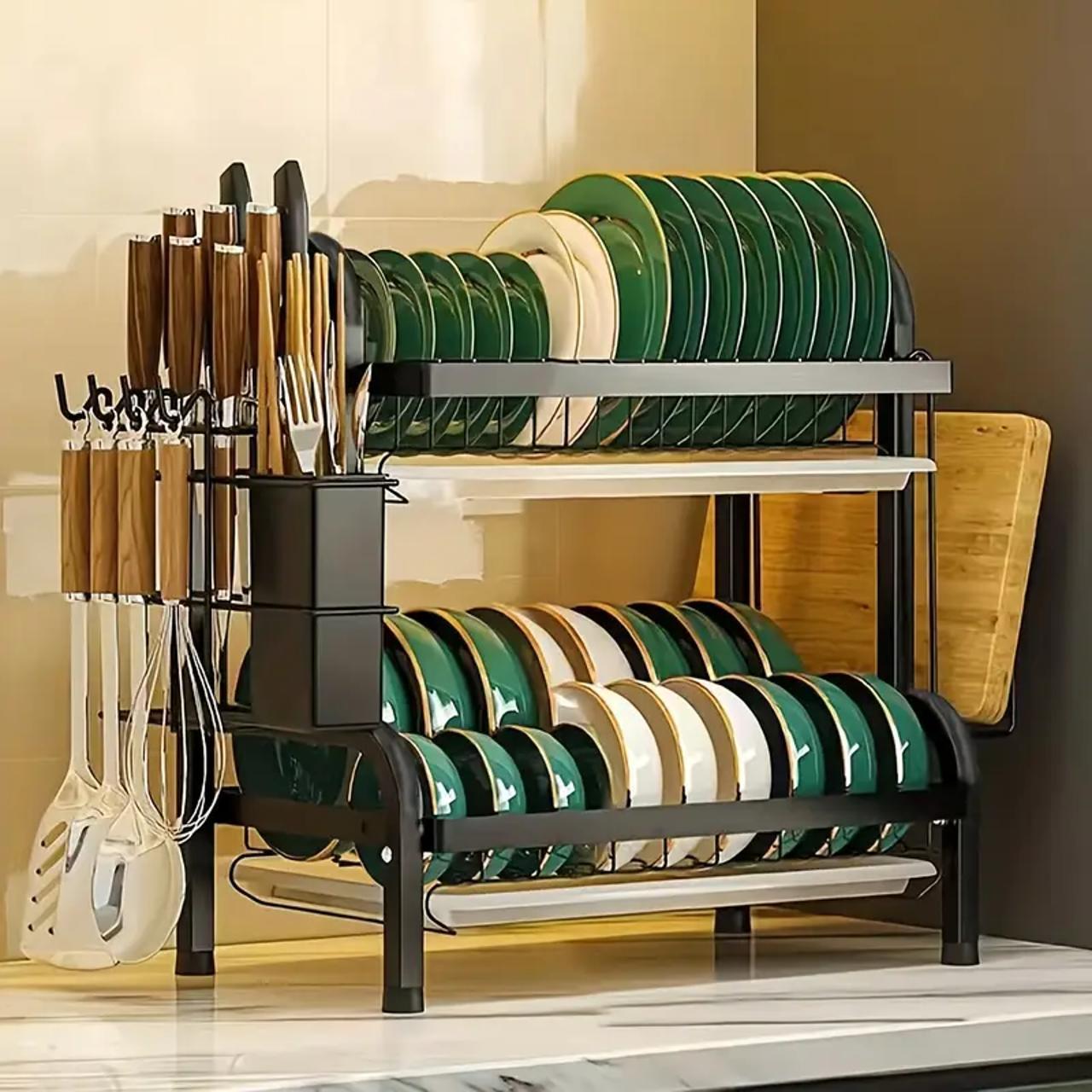 Large Capacity Double Layer Dish Rack, Dish Drying Organiser, Kitchen Storage Rack with Cutlery Holder, Kitchen Utensil Organizer, Kitchen Accessories