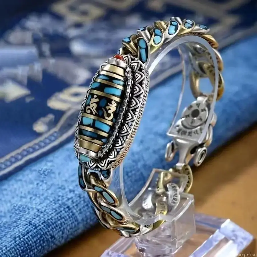 2026 New Men’s Tibetan-Style Lucky Turquoise Stones Alloy Plastic Bracelet-Anklet - Male Jewelry with 6-Character Mantra Bead, 9-Eyed Dzi Bead, Outdoor Wear Accessory for Camping Hiking, Meditation Gift