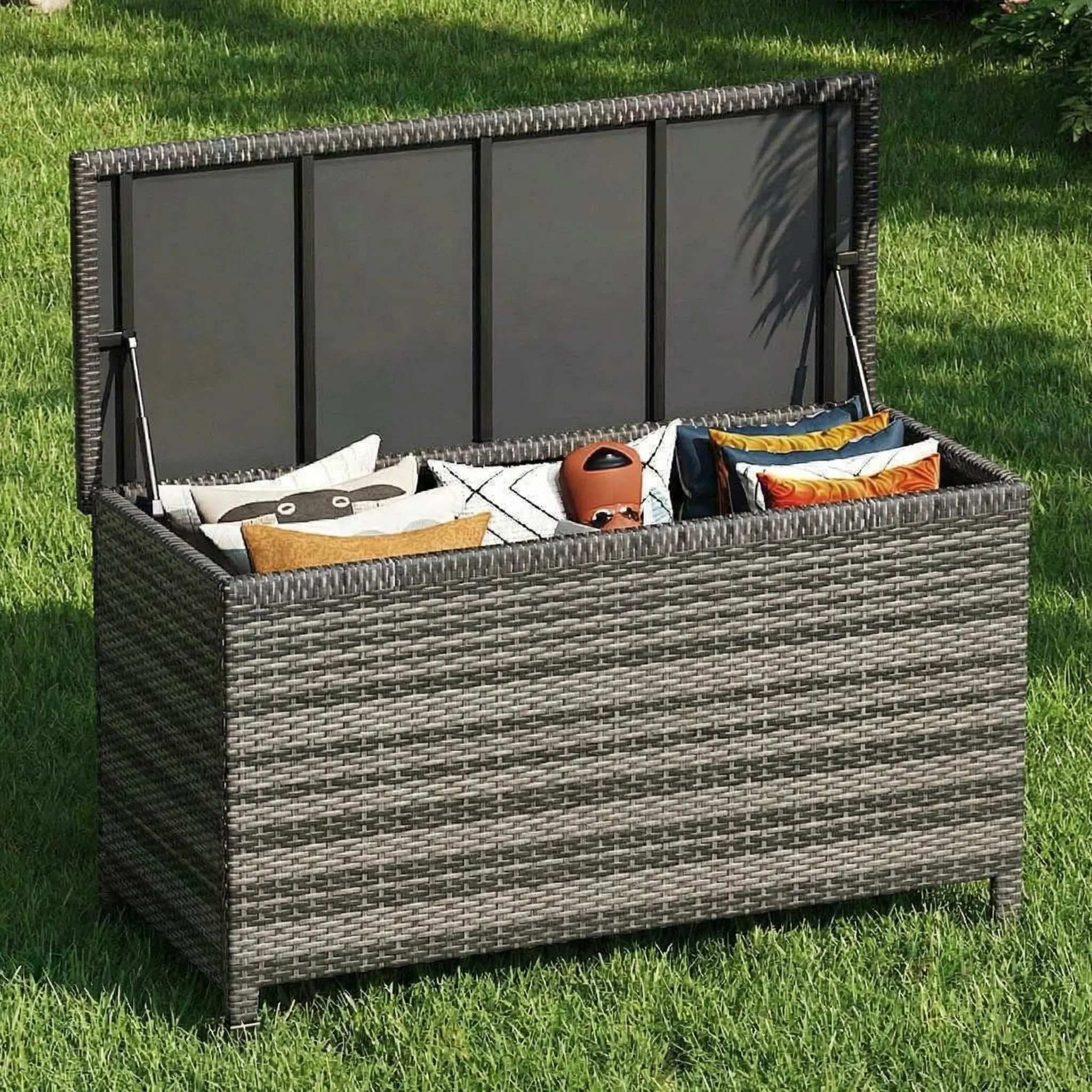 120 Gallon Extra Large Outdoor Rattan Deck Storage Box – Waterproof Resin Patio Storage Bin for Cushions, Garden Tools, Pool Toys – Durable All-Weather Outdoor Chest