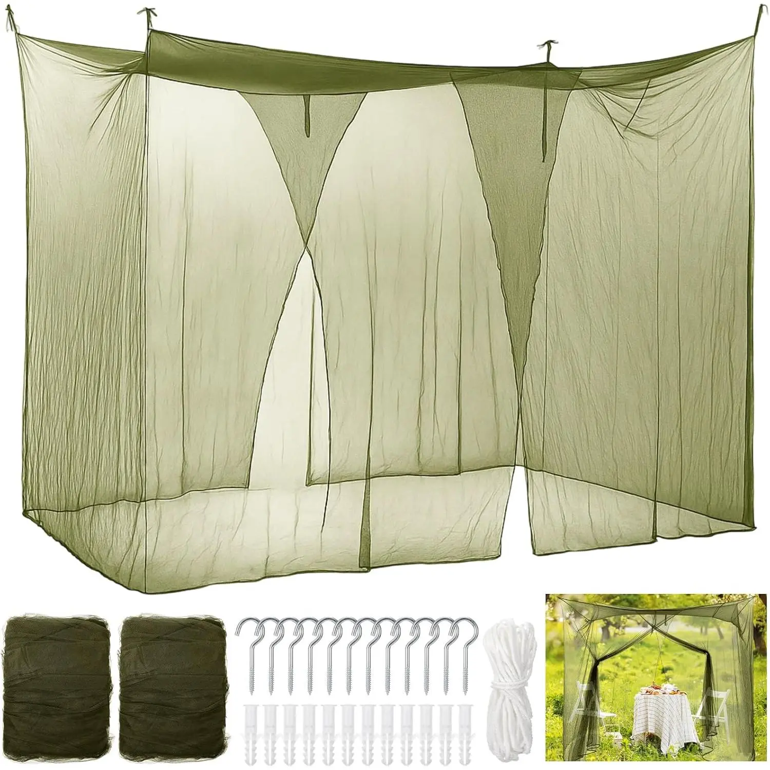 2 Pcs Net for Bed Large Net 4 Corner with 2 Side Openings 16 Loops for Camping Home Travel Dormitory Decor(Dark Green,75 x 36 x 59 Inch)