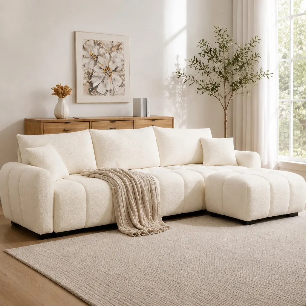 110" Extra-Large L-Shaped 4-Seat Boucle Fabric Couch Sectional - Comfy Couch, Convertible Sectional Sofa with Integrated Pull-Line Design, Ottoman, Flexible Configuration, 3 Colors (Orange, Cream), Assembly Required, Boucle Furniture, L Shaped Sofa