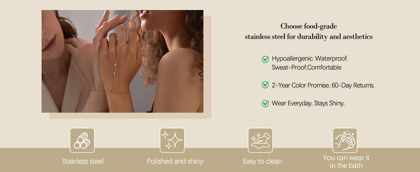 Hand Chain 18K Gold Plated Stainless Steel Non Tarnish Link with Finger Ring Bracelet Stacks Christmas Gifts Waterproof Jewelry Handchain Slave Bracelets for Women