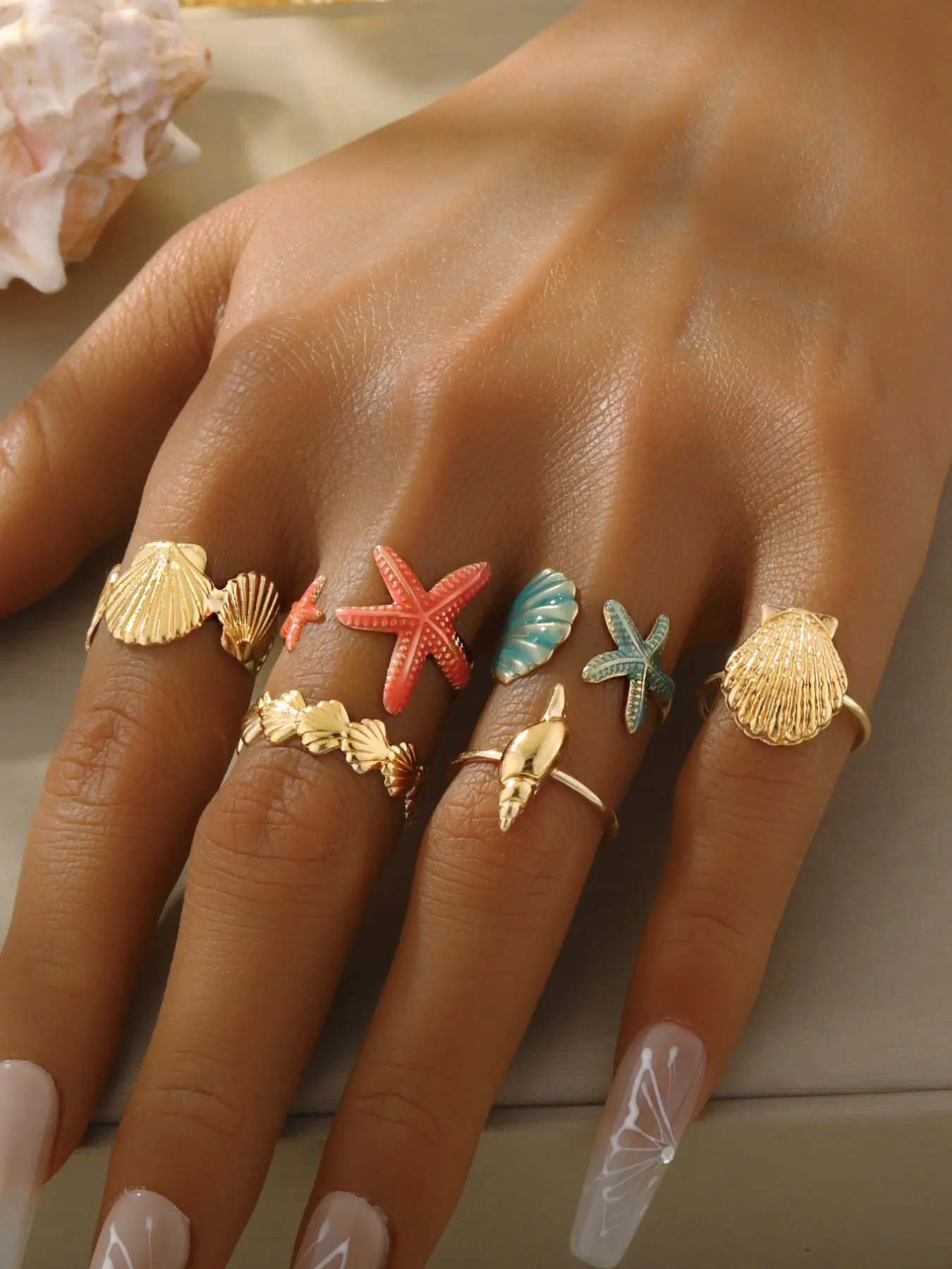 Summer Oceanic Beach Vacation Colorful Starfish Shell Open Ring Set for Women, Daily Wear Sea Exploration Jewelry, Stylish Coastal Accessories, Fashion Rings