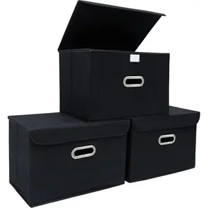 Fabric Storage Cube Bins Foldable Organizer Container Collapsible Basket with Lids and Metal Handles, for Home, Bedroom, Closet (Black, 3 Pcs)