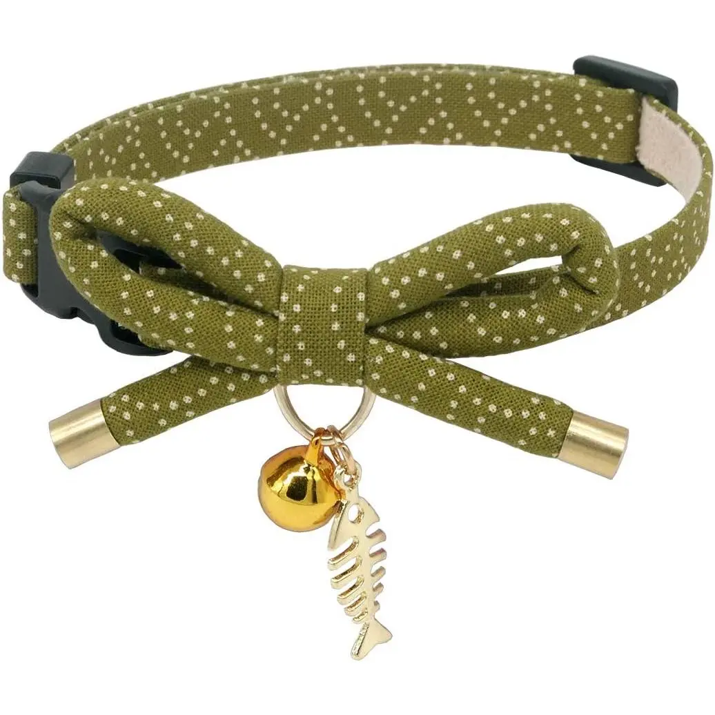 Handmade Hypoallergenic Playful Cotton Cat Collar with Bell - Japanese Stylish Bowknot, Fish Charm, Safety Breakaway, Soft, Lightweight, 6-12 in, Tee Green, for Cats & Kittens, Everyday Wear, Collars, 6 To 12 Inches