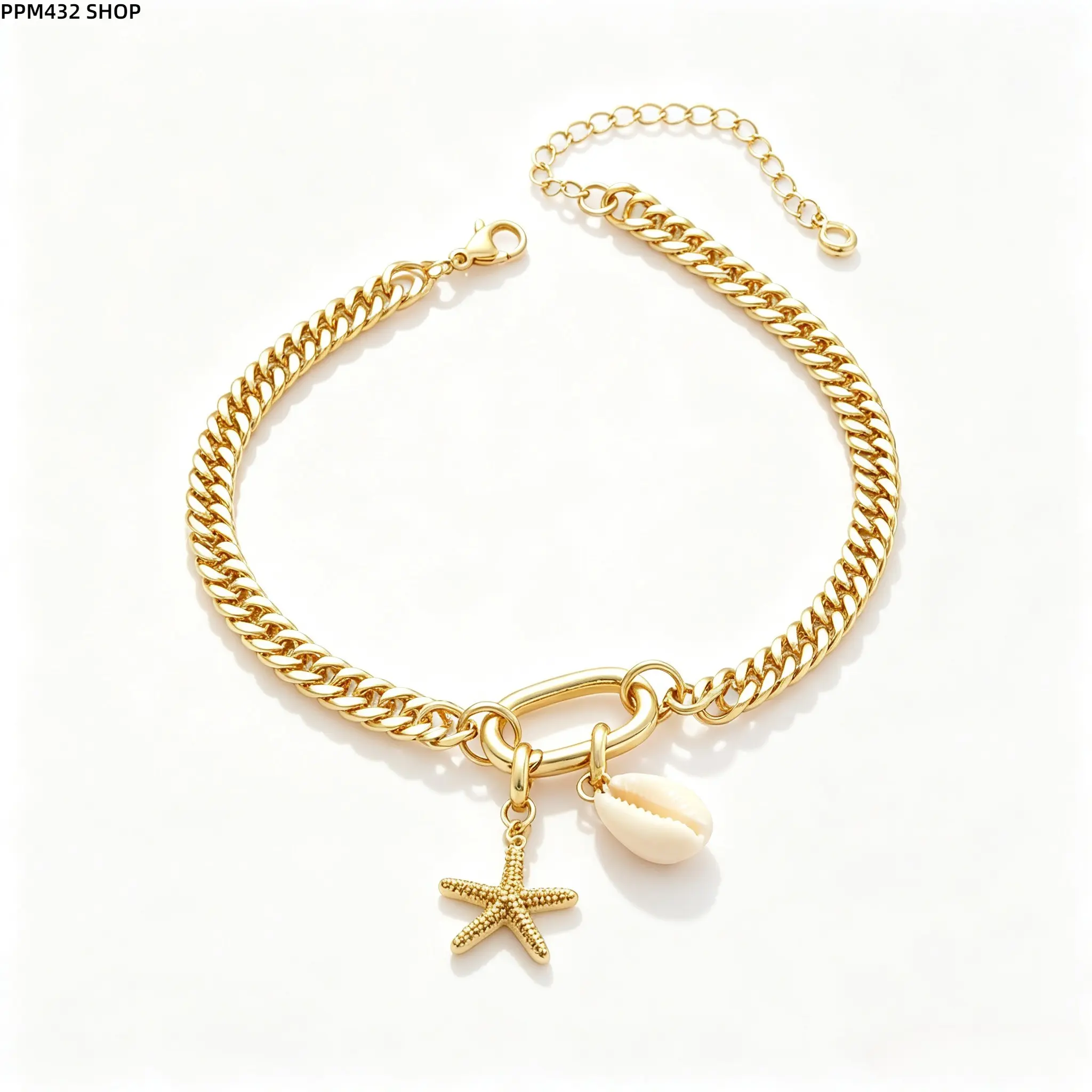 Gold Plated Cuban Link Anklet for Women, Coastal Starfish Shell Charm Ankle Bracelet, Chunky Adjustable Chain, Beach Inspired Summer Jewelry, Waterproof Everyday Accessory, Gift for Her
