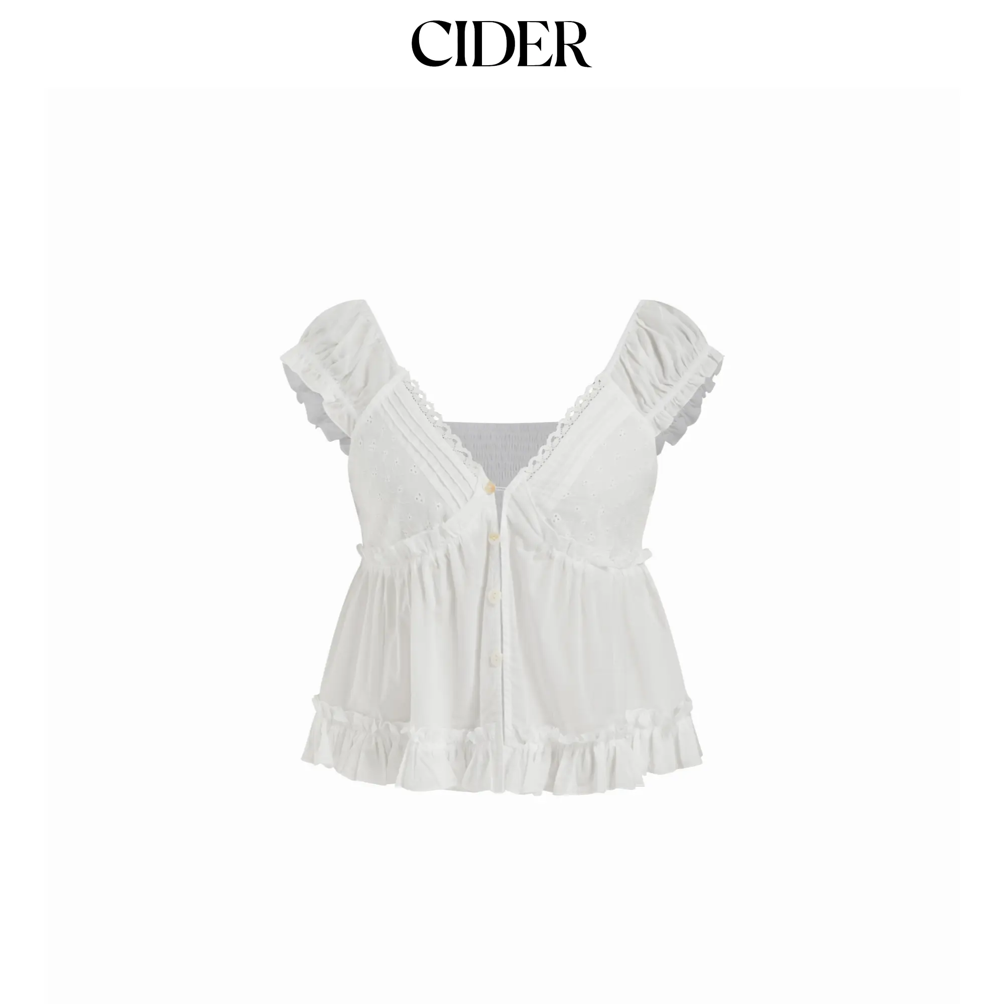 Cider V-neck Broderie Anglaise Ruffle Hem Blouse SummerWins SummerFinds