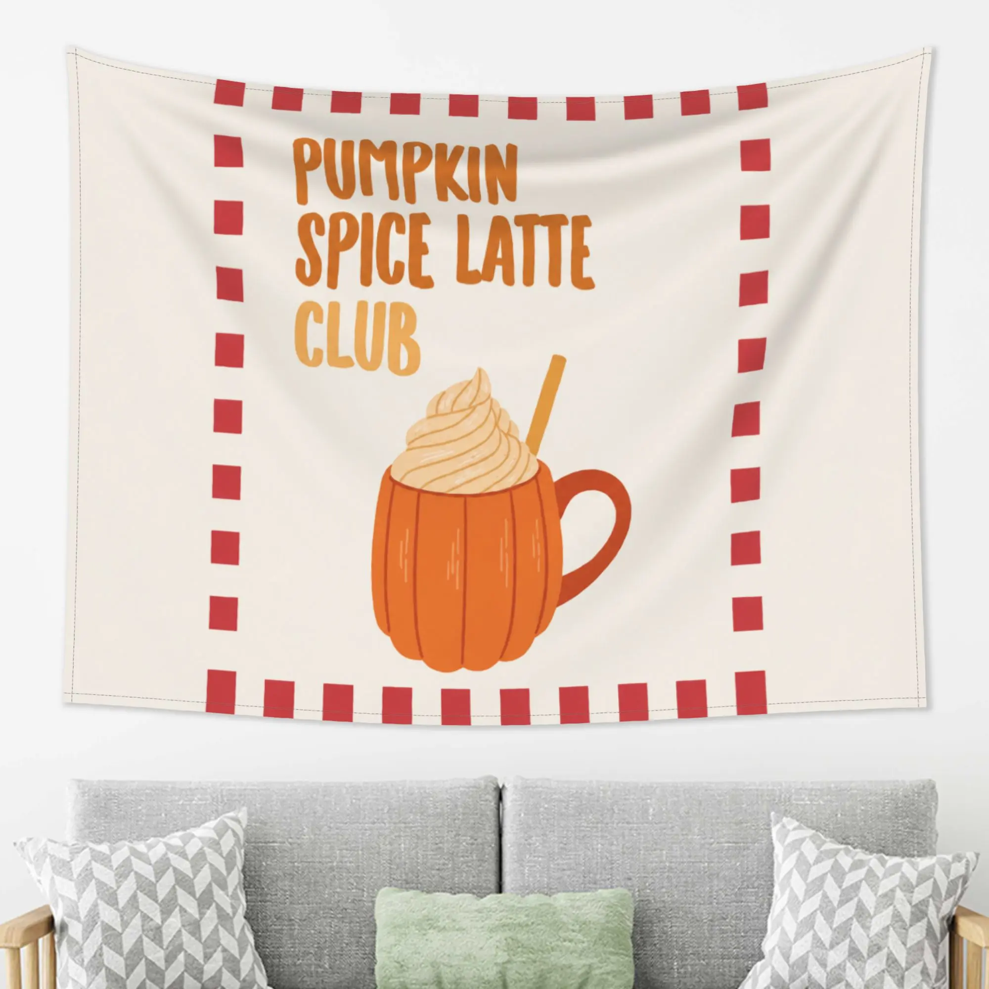 Pumpkin Spice Latte Club Wall Hanging Tapestry, Autumn Fall Season Decor for Living Room Bedroom, Cute Coffee Pumpkin Cup Art Aesthetic Fabric Poster, Thanksgiving Holiday Themed Wall Decoration   tapestry bedroom,Hippie,UV