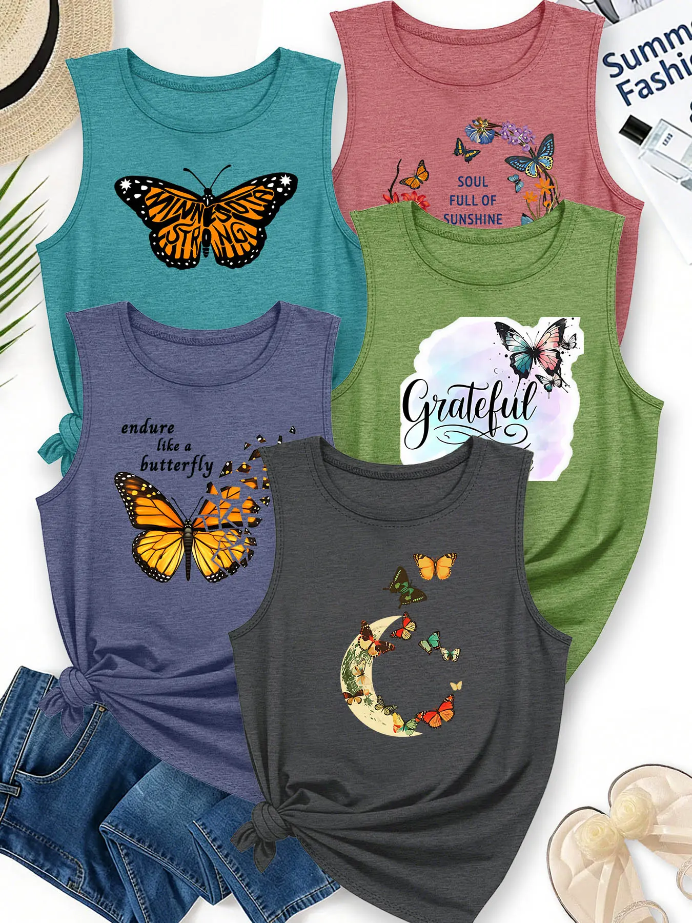 5Pcs Women Crew Neck Tank Tops, Elegant Butterfly Inspirational Fresh Print, Multi-color Washable Spring Summer Top, Soft Skin-friendly Fabric Daily Versatile Fashion Design