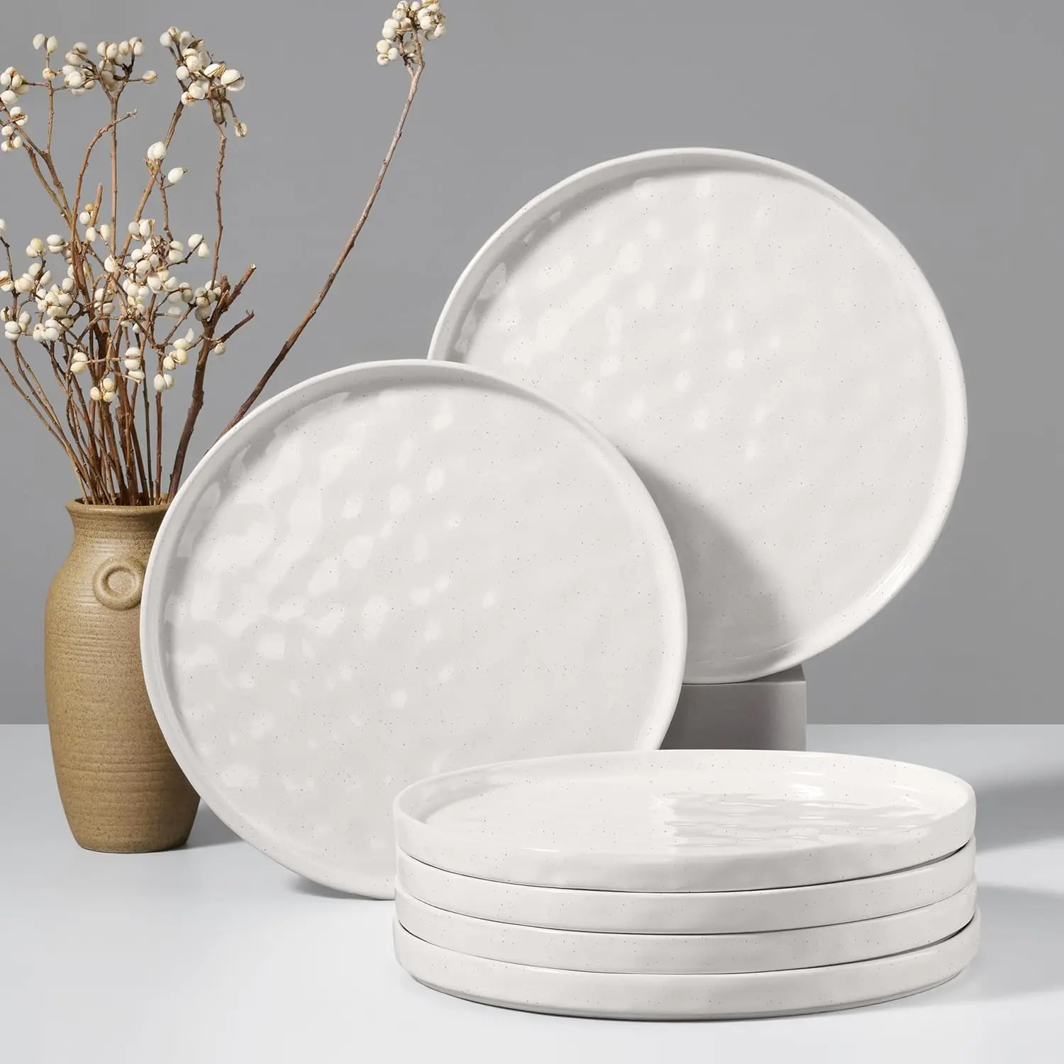 Stoneware Dinner Plates Set of 6, 10" Heavy Duty Ceramic Plate, Reactive   Dinnerware for  Restaurant, Chip and Scratch Resistant, Microwave and Dishwasher Safe, Speckled White