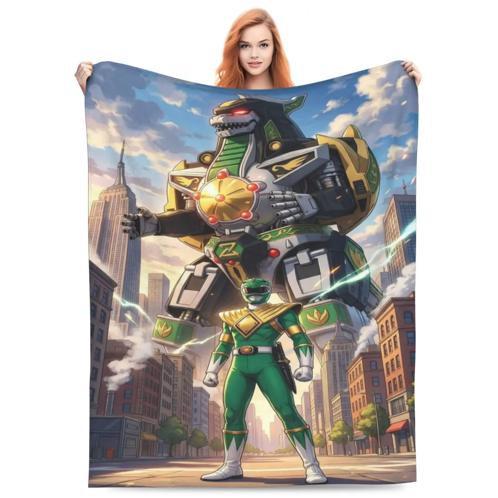 Retro Power Ranger Zord Mecha City Flannel Throw Blanket Classic Action Character Dinosaur Robot Cityscape Print Soft Lightweight Warm Blanket For Sofa Bed Bedroom Travel Birthday Christmas Holiday Gift For Retro Cartoon Fans Teens Boys Action Movie Lover