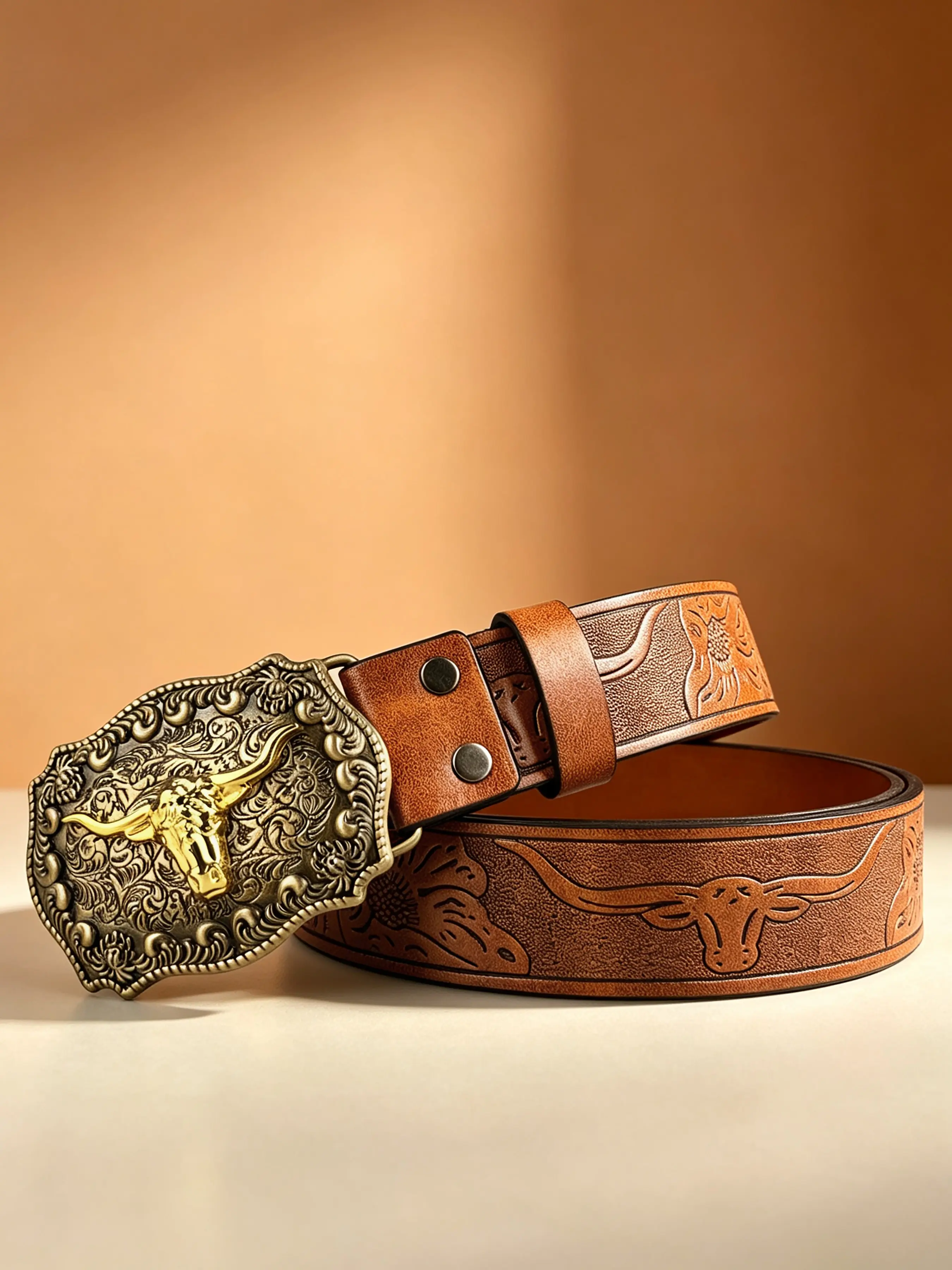 Flower bottom shield cow head relief western buckle belt, 1.46in/3.7cm wide fashionable embossed belt, suitable for street dressing, ball party dressing, and Halloween perfect gift.