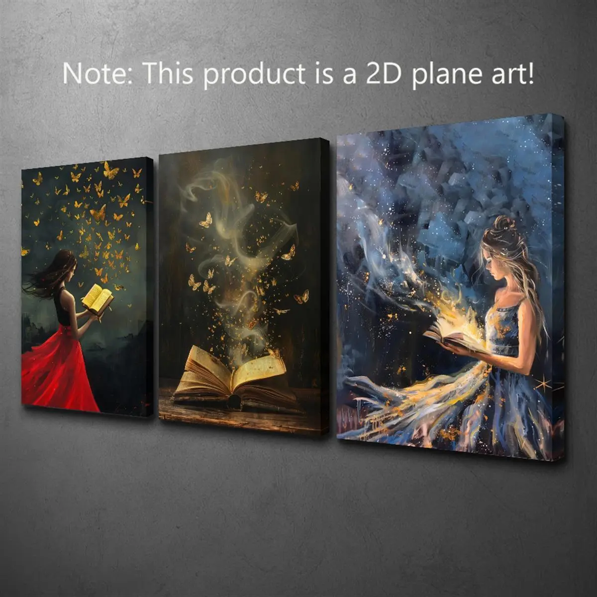 Set of 3 Magic Girl Reading Glowing Books Butterfly Theme Canvas Wall Art - With Frame, Ready to Hang - Gift Idea for Her - Room Decoration for Living Room, Bedroom - Home Supplies Posters & Prints