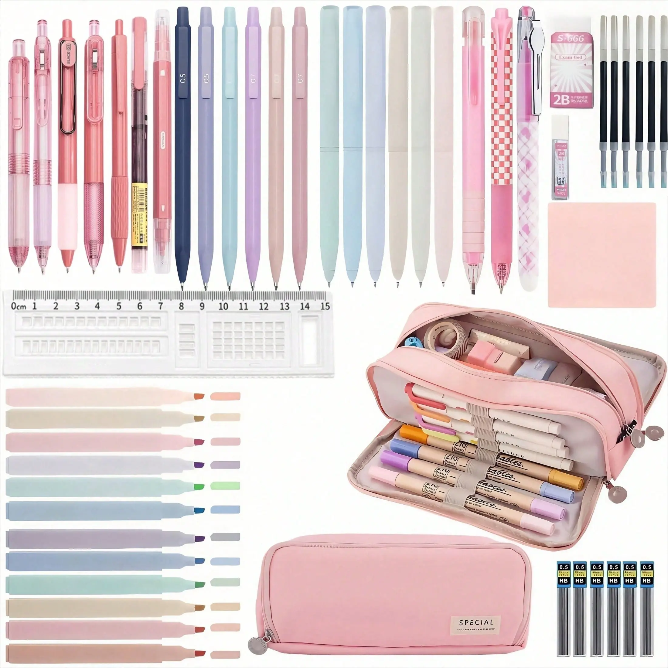 50PCS Morandi stationery set,back to school,Large Capacity Pencil Case,8PCS black gel pens,Morandi 0.5mm mechanical pencil,Pastel Highlighters,sticky note,eraser,ruler,Cute Office School Supplies Gifts for Women Men,school supplies, Student Essentials