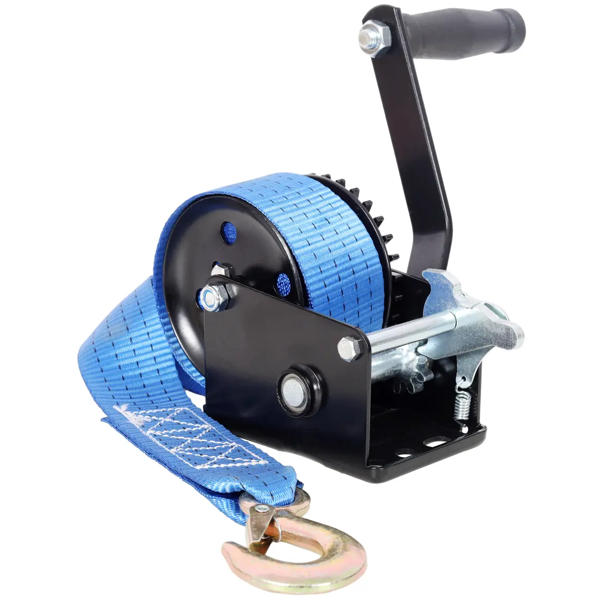 800LBS Hand Winch,with 19.6FT Blue Strap,Black Shell,3.1:1 Gear Ratio Portable Winch,Two-Way Ratchet,Manual Operated Hand Crank Winch for Trailer, Boat or ATV Towing