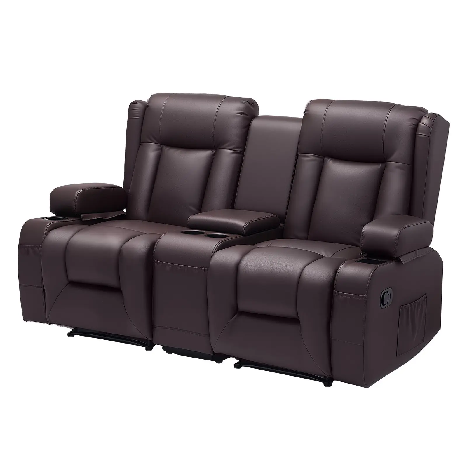 VEVOR Brown PU Leather Loveseat Recliner Sofa - Manual Reclining Dual Chairs with High Back, Center Console, USB Ports, Cup Holders, Storage Bags for Living Room/RV