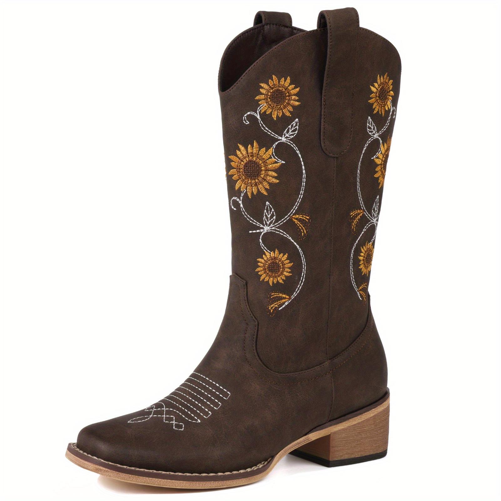 Women's Mid-Calf Western Cowboy Boots with Sunflower Embroidery, Square Toe Pull-On Design, Brown Faux Cover Retro Country Style Boots for Concerts, Idyllic Outings & Casual Wear, Outdoor Adventure Boots |         Retro Cowboy Boots |         Rubber Sole