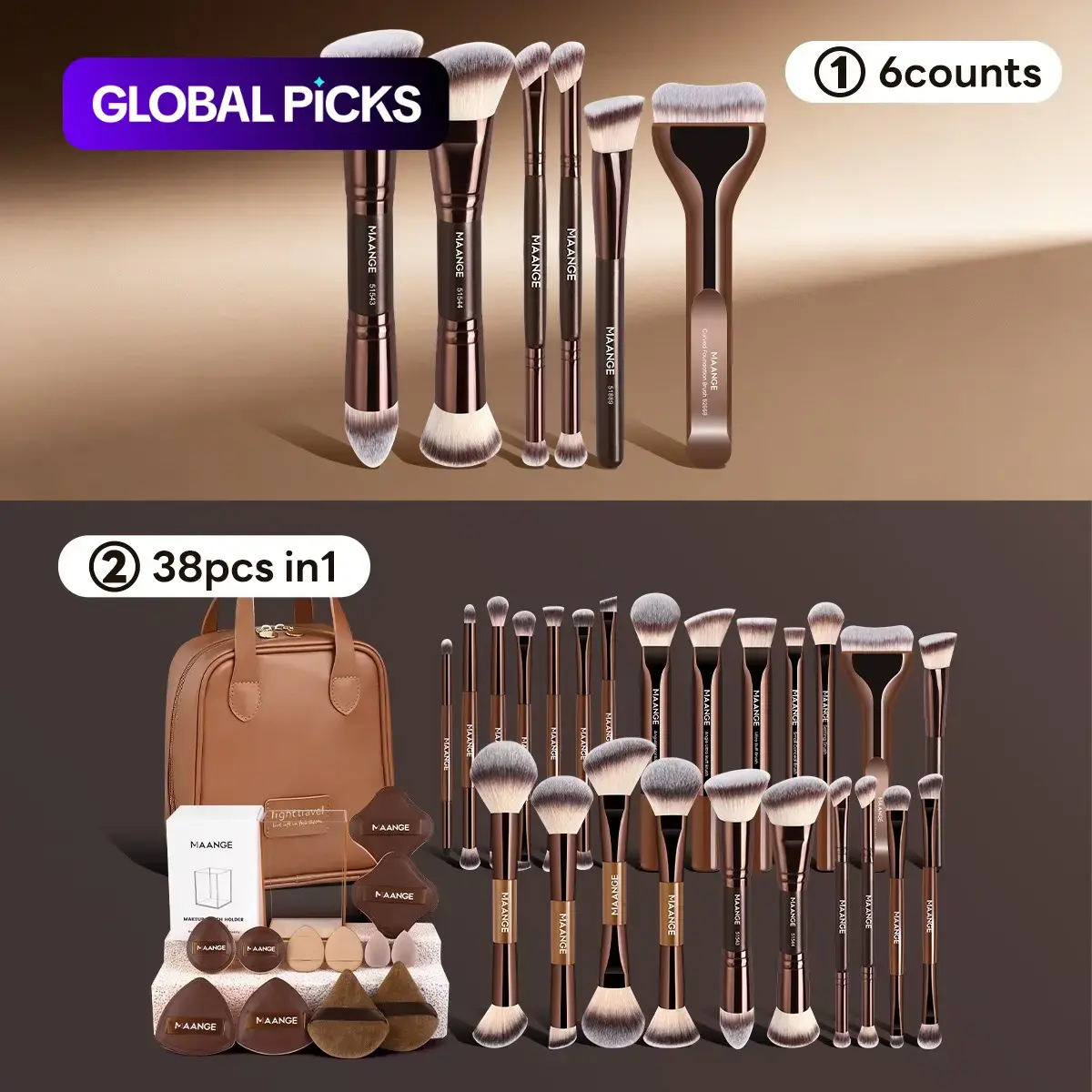 MAANGE Makeup Brush Set with 12 Powder Puffs, Storage Cylinder and Handheld Bag, Metal Frame, 6/24 Pieces Cosmetic Tools, Face Makeup Brushes, Soft Brushes, Makeup Brush Kit #GLOBAL PICKS