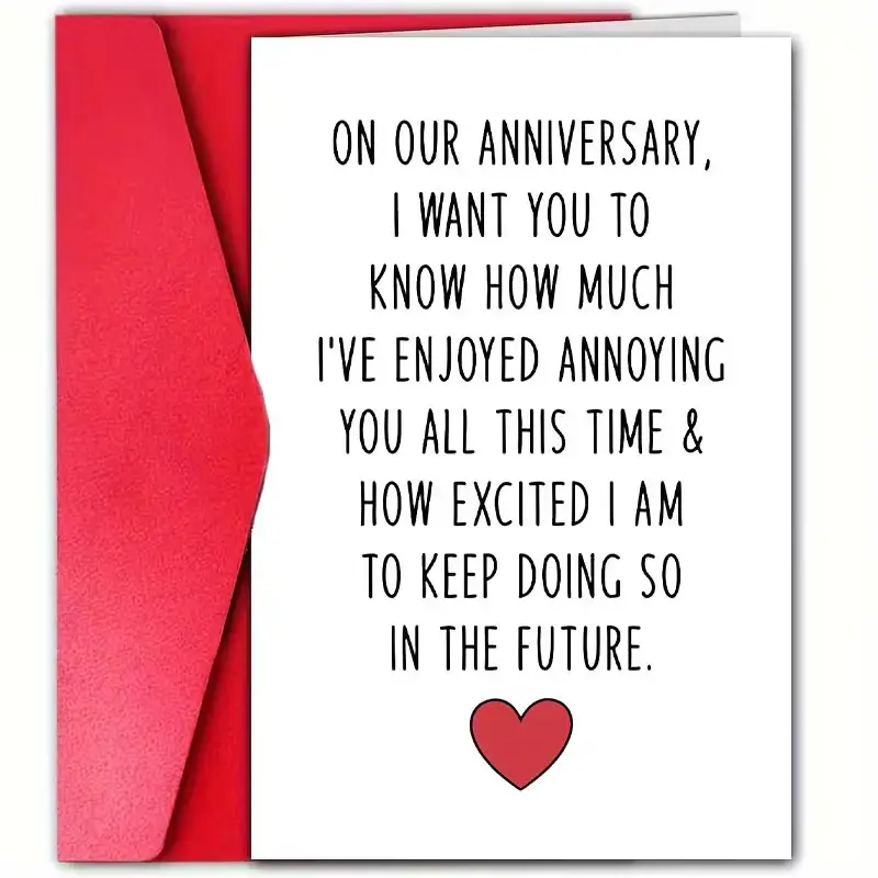 Funny Anniversary Card with Envelope, "I've Enjoyed Annoying You All This Time" Love Joke Greeting Card, Minimalist Text Red Heart Design, Romantic Gift for Husband Wife Couple