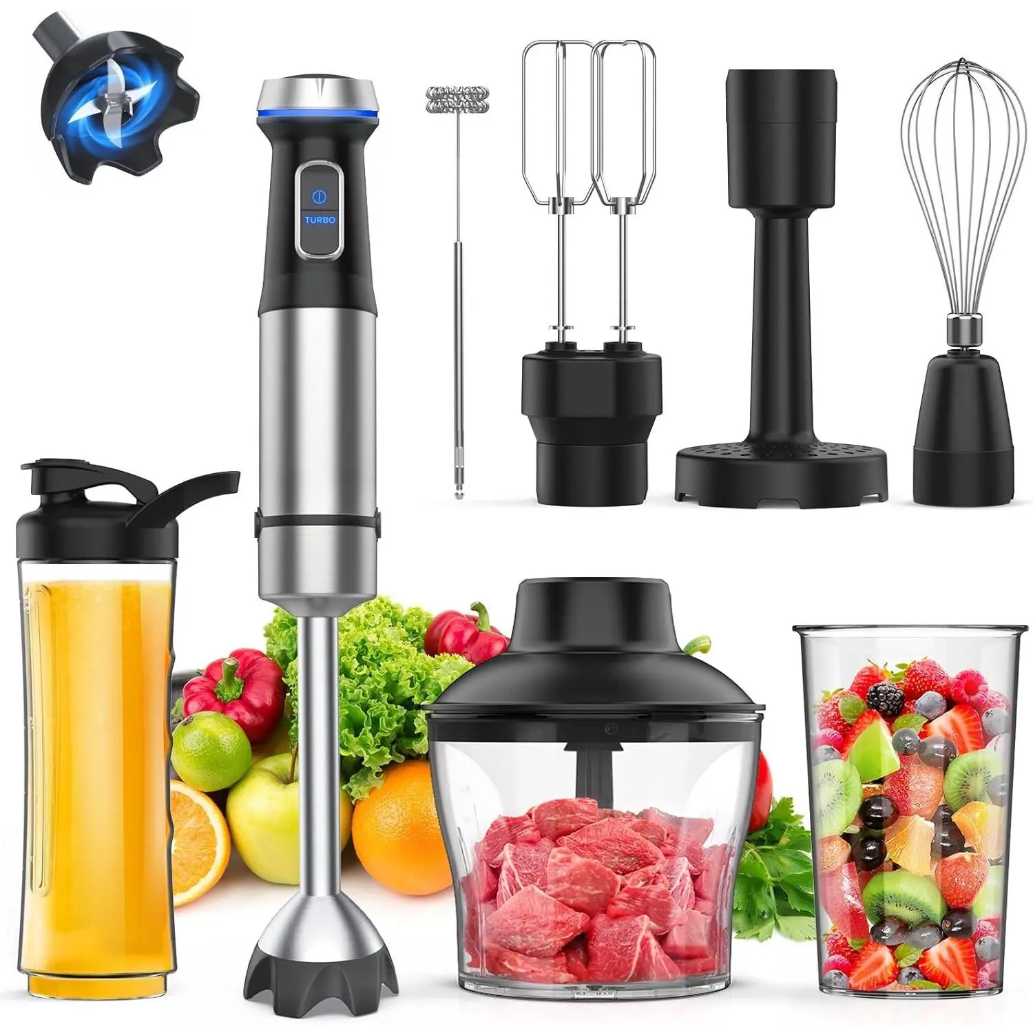 Immersion Blender Handheld Corded 8 in 1 Hand Blender Max 1000W 16 Speed Mode Stick Emulsifier with 800ml Mixing Beaker, 600ml , Whisk, Frother,  Masher and Portable Bottle
