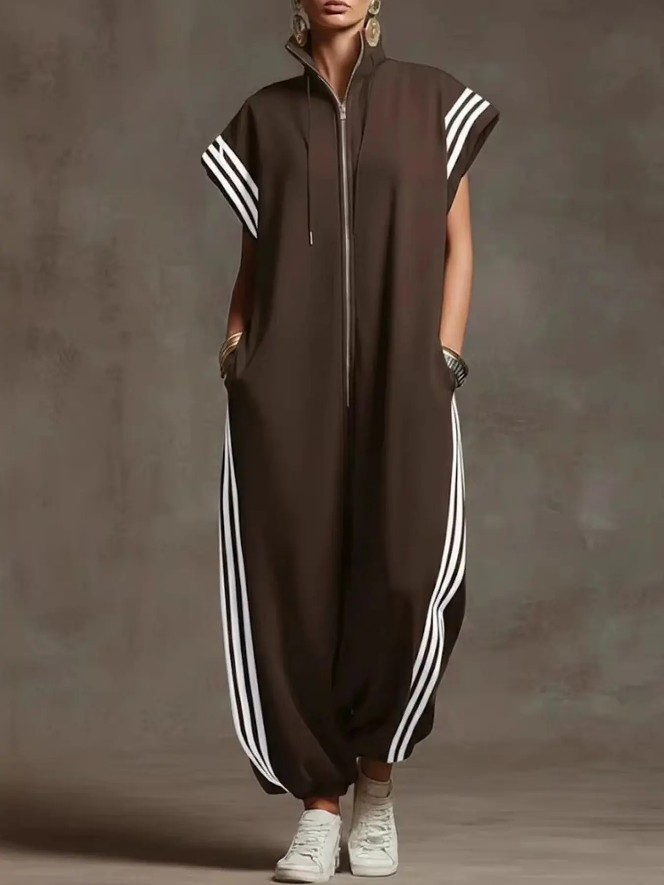 Women's Casual Striped Loose Fit Jumpsuit, Style, Short Sleeve Drop Waist Design, Comfortable Soft Knit Fabric, Perfect for Travel & Daily Wear
