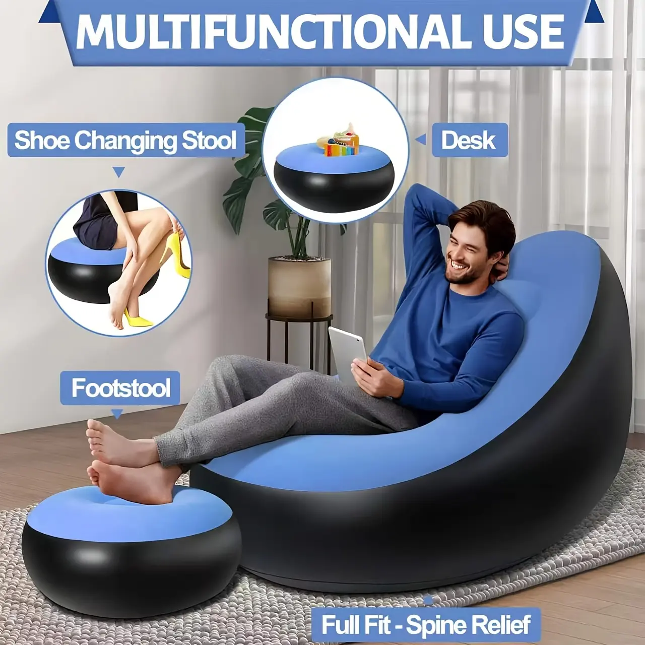 Comfortable Inflatable Couch, Adult Reclining Air Sofa, Collapsible Portable Seating, Sofa with Ottoman, Indoor Living Room Air Cushion Sofa, Playroom, Office Balcony, Outdoor Travel, Camping Use