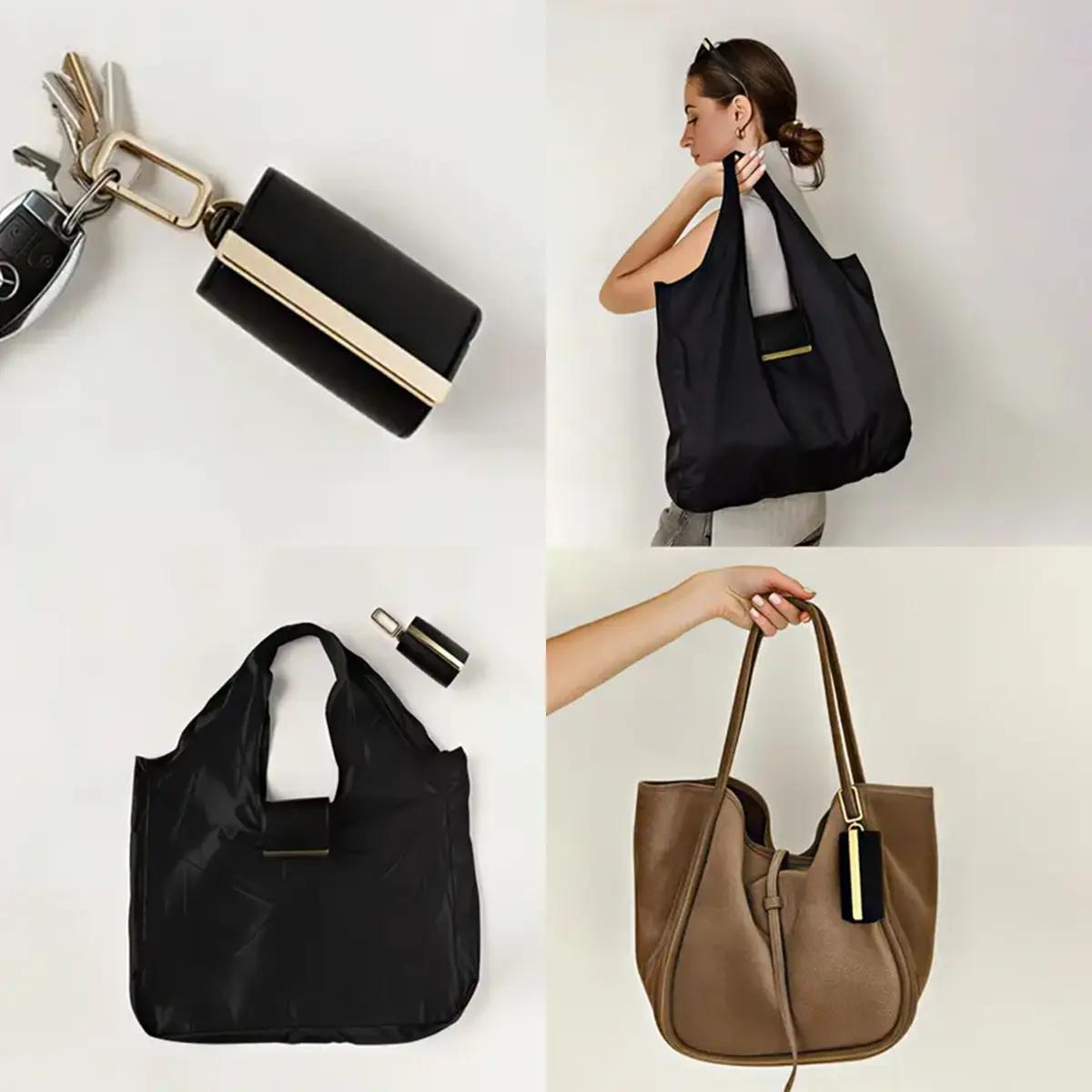 2026 Keychain Tote Bag,Foldable Environmentally Friendly Shopping Bags, Expandable Leather Mini Bags with Key Ring, Portable Handbag for Daily Errands Gift