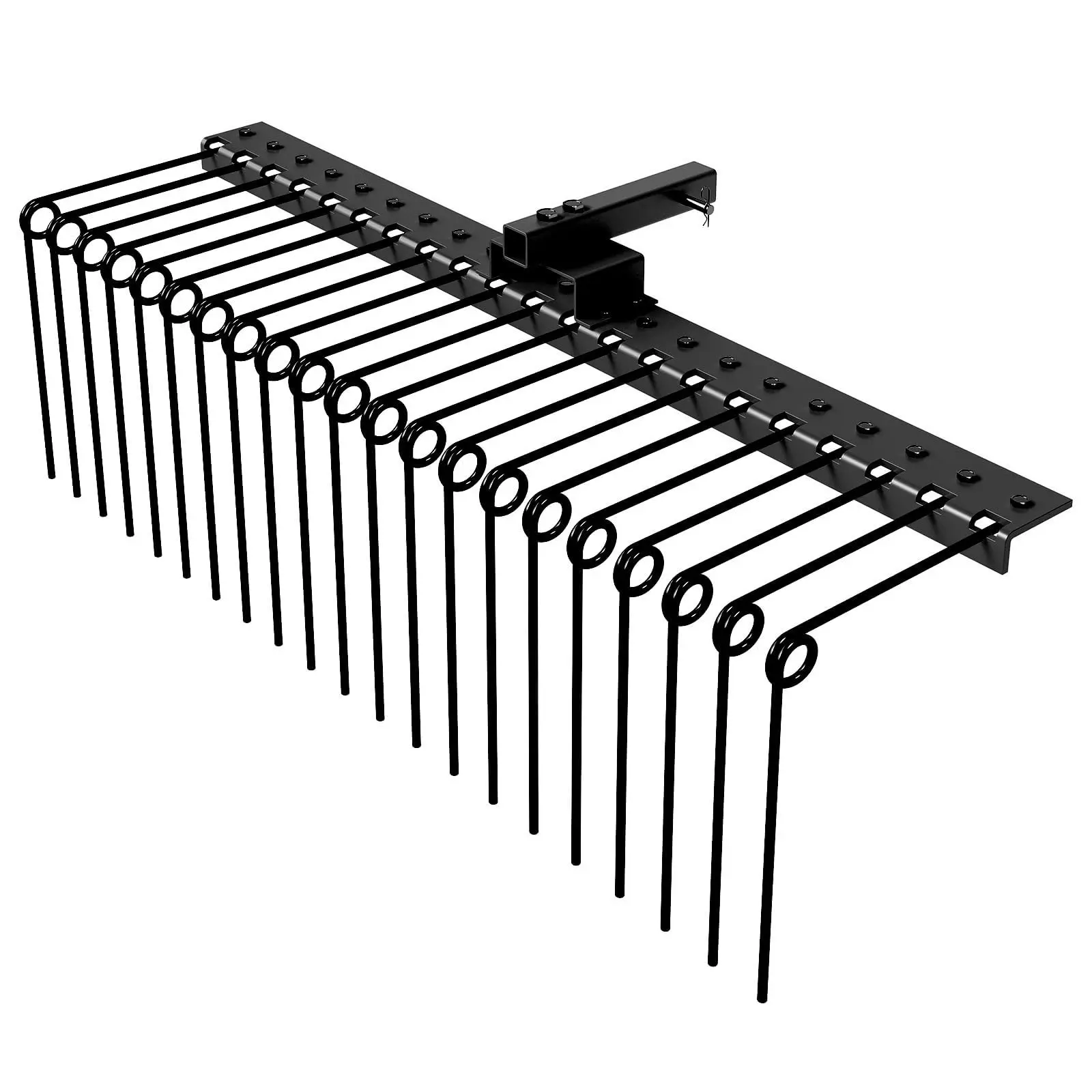 48-In Powder-Coated Black Iron Thatch Rake with 2-In Hitch Receiver Mount, Spring Tines, Wide Coverage for Residential Lawn Maintenance on Lawn Surfaces, Garden Plots