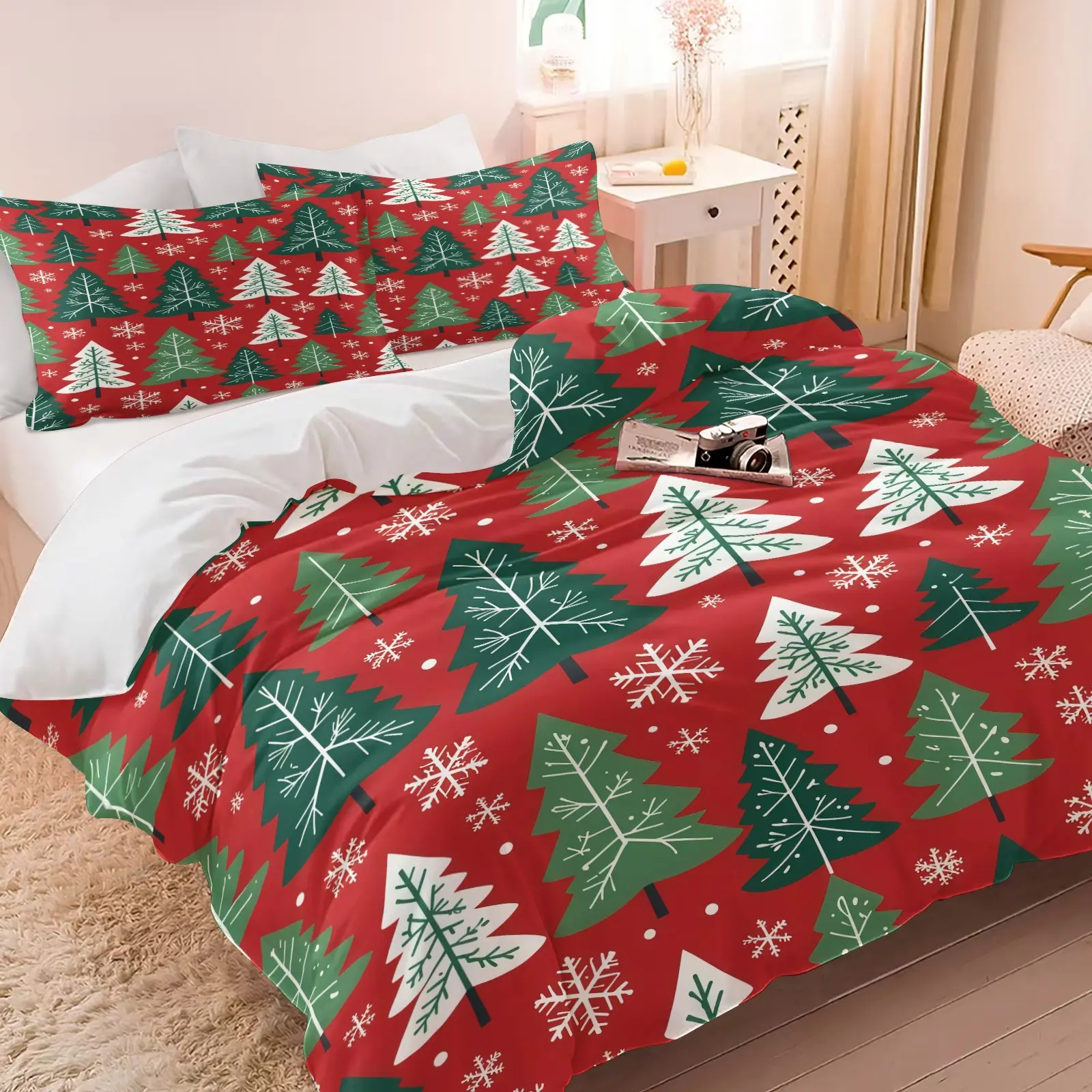 Christmas Themed Duvet Cover Set with Printed Pine Tree Pattern, Fashionable & Versatile for Indoor Decoration, Ideal Christmas & Holiday Gift for Teens and Adults. Includes 1 Duvet Cover and 1 or 2 Pillowcases, Duvet Insert & Pillow Inserts NOT INCLUDED