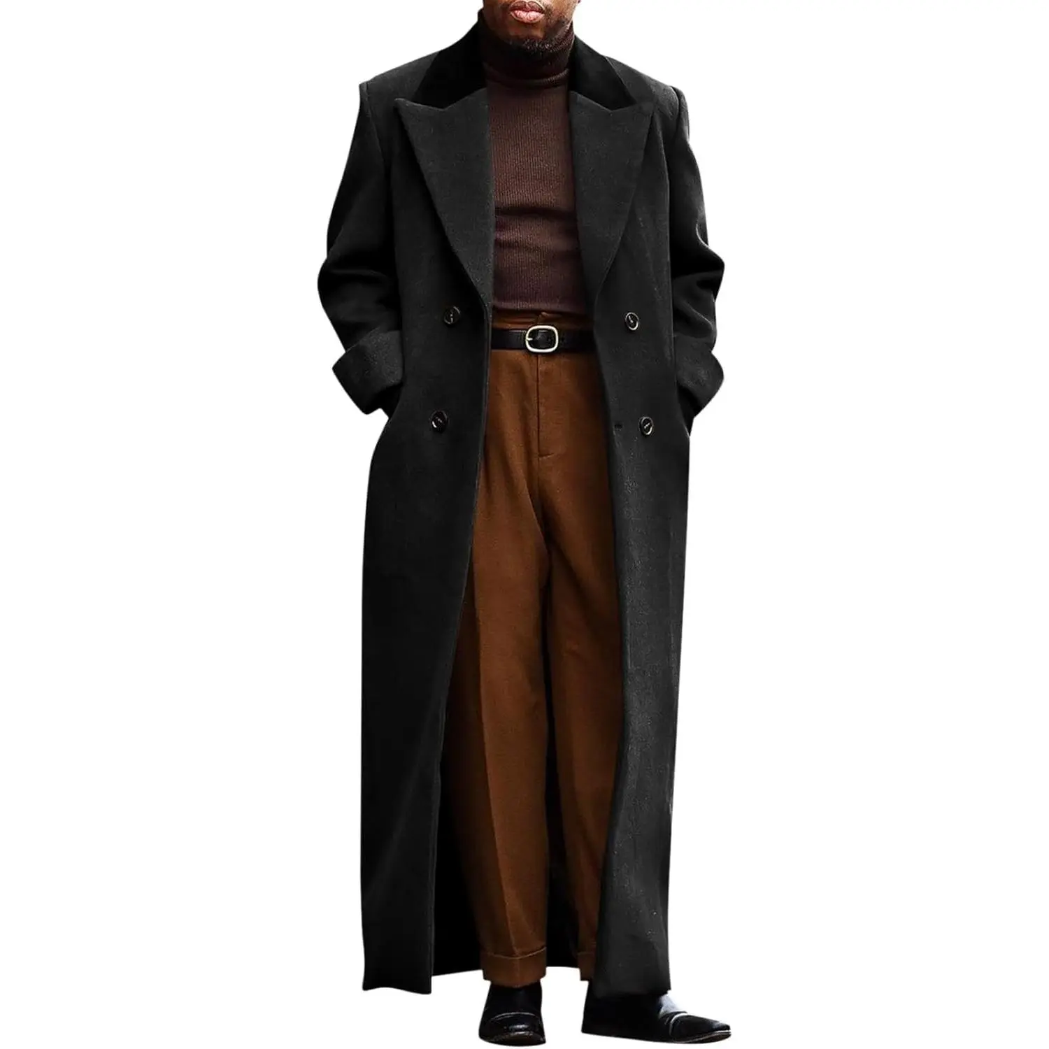 Mens Double-Breasted Full-Length Trench Coat - Notched Lapel, Long Sleeve Corduroy Overcoat, Menswear Sweater Suit Winter Outerwear