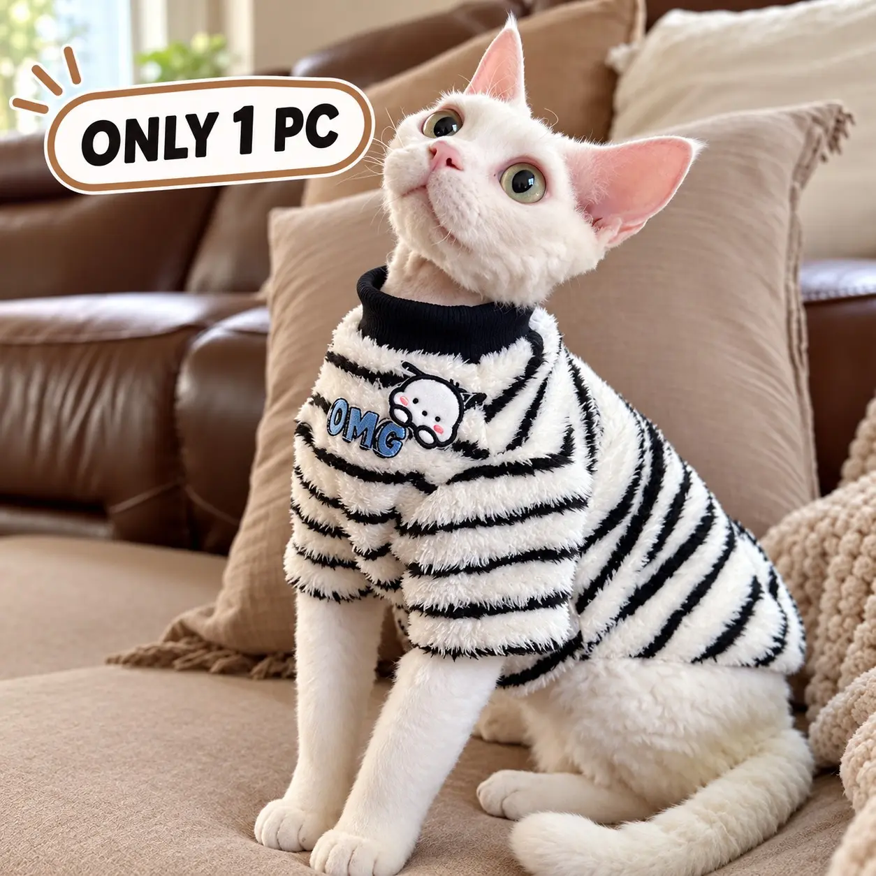 🐱Cute Striped Cat Sweater, Thick Warm Plush Two-Legged Pet Shirt, Soft High Neck Kitten Clothes, Winter Home Outfit for Sphynx Devon Rex Blue Cat, Cozy Skin-Friendly Kitty Apparel