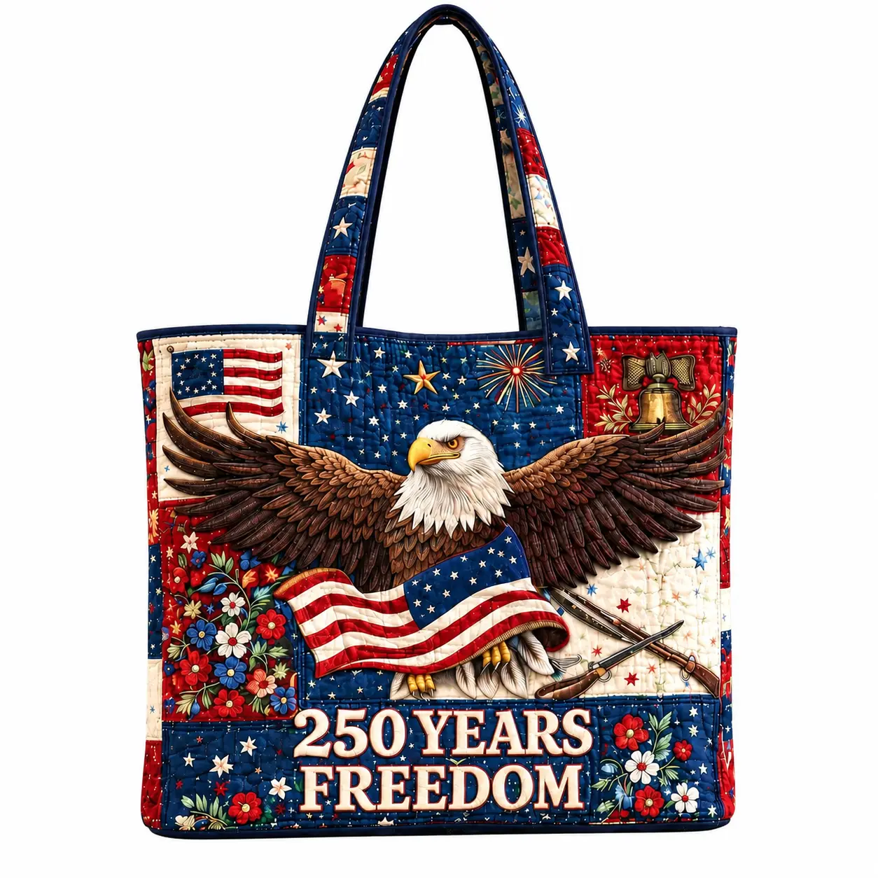 Premium Quilted Cotton Tote Bag Featuring Patriotic Eagle Embroidery – Lightweight, Spacious & Durable Everyday Carryall for Work, Shopping or Travel – Classic Americana-Inspired Design with Reinforced Handles and Interior Pocket