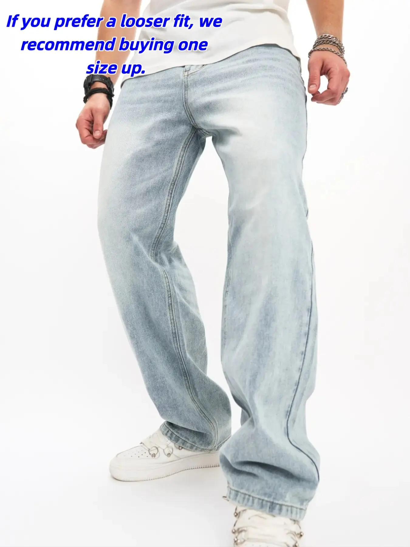 Men's Relaxed-Fit Loose Button-Fly Straight-Leg Stretch Light-Wash Baggy Jeans, Casual Streetwear Comfy Denim Pants with Pockets for Daily Wear, Fashionable Men's Bottoms for All Seasons