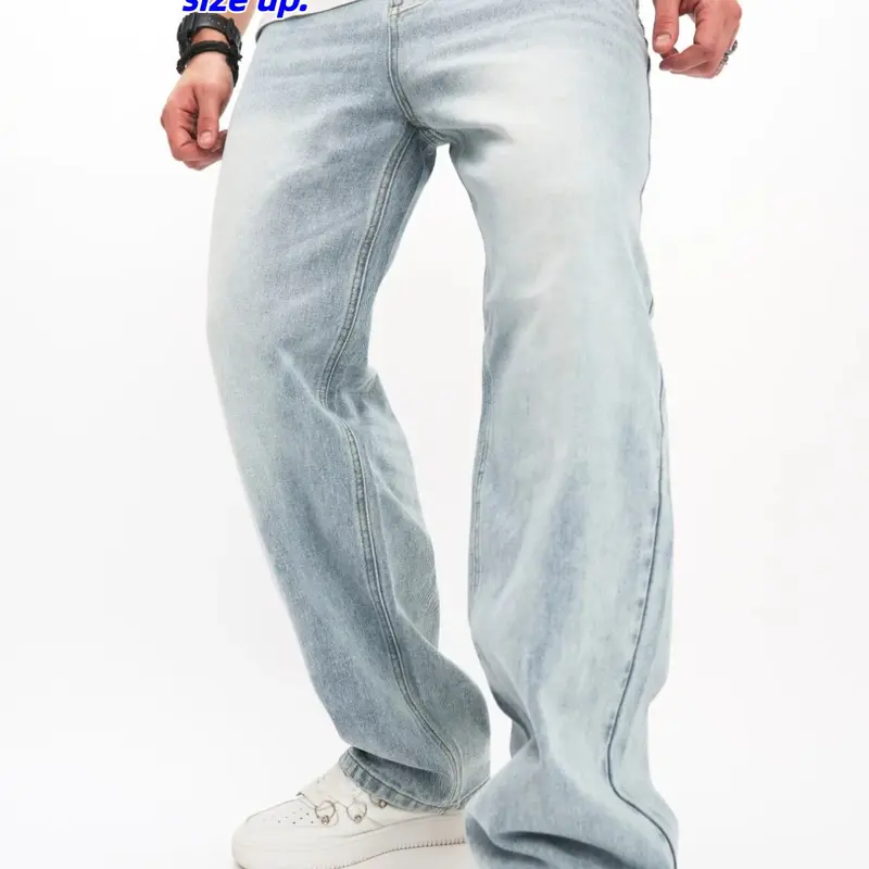 Men's Relaxed-Fit Loose Button-Fly Straight-Leg Stretch Light-Wash Baggy Jeans, Casual Streetwear Comfy Plain Denim Pants with Pockets for Daily Wear, Fashionable Men's Bottoms for All Seasons