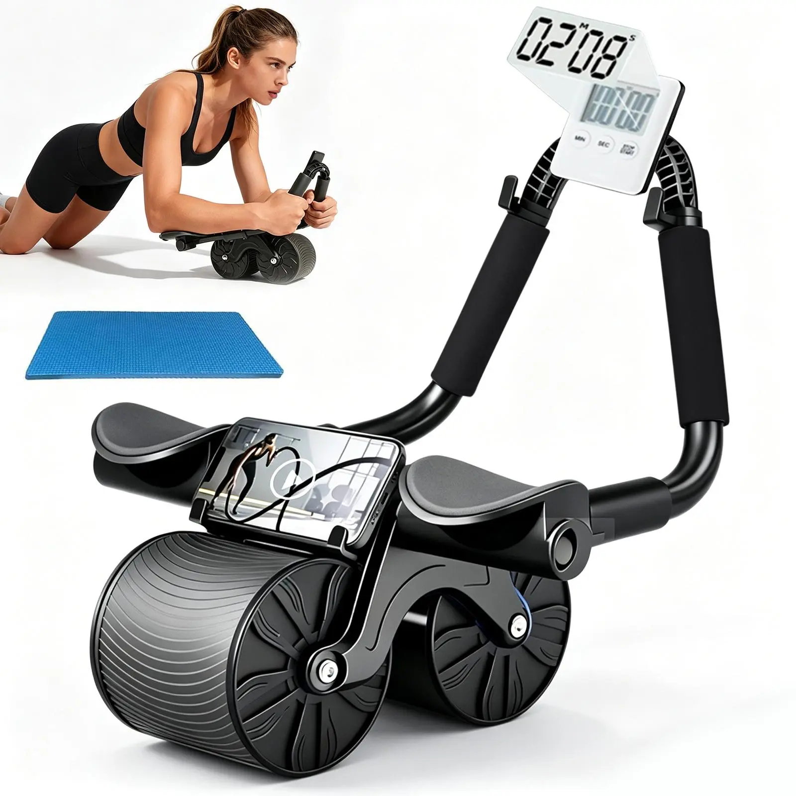 Automatic Rebound Ab Roller Wheel with Elbow Support and Timer - Unisex Wide Core Trainer for Home Gym Abdominal Workout, Includes Knee Mat