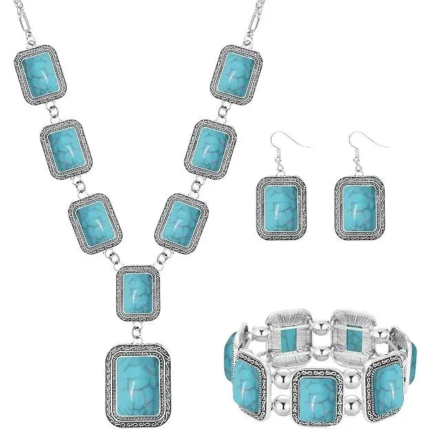 4 Pieces Silver Bohemian Jewelry Set for Women Fashion Costume Jewels Turquoise Necklace Bracelet Earrings Western Turquoise Jewelry Set for Women, Inlayed Stone, Ethnic Motif Jewelry Sets