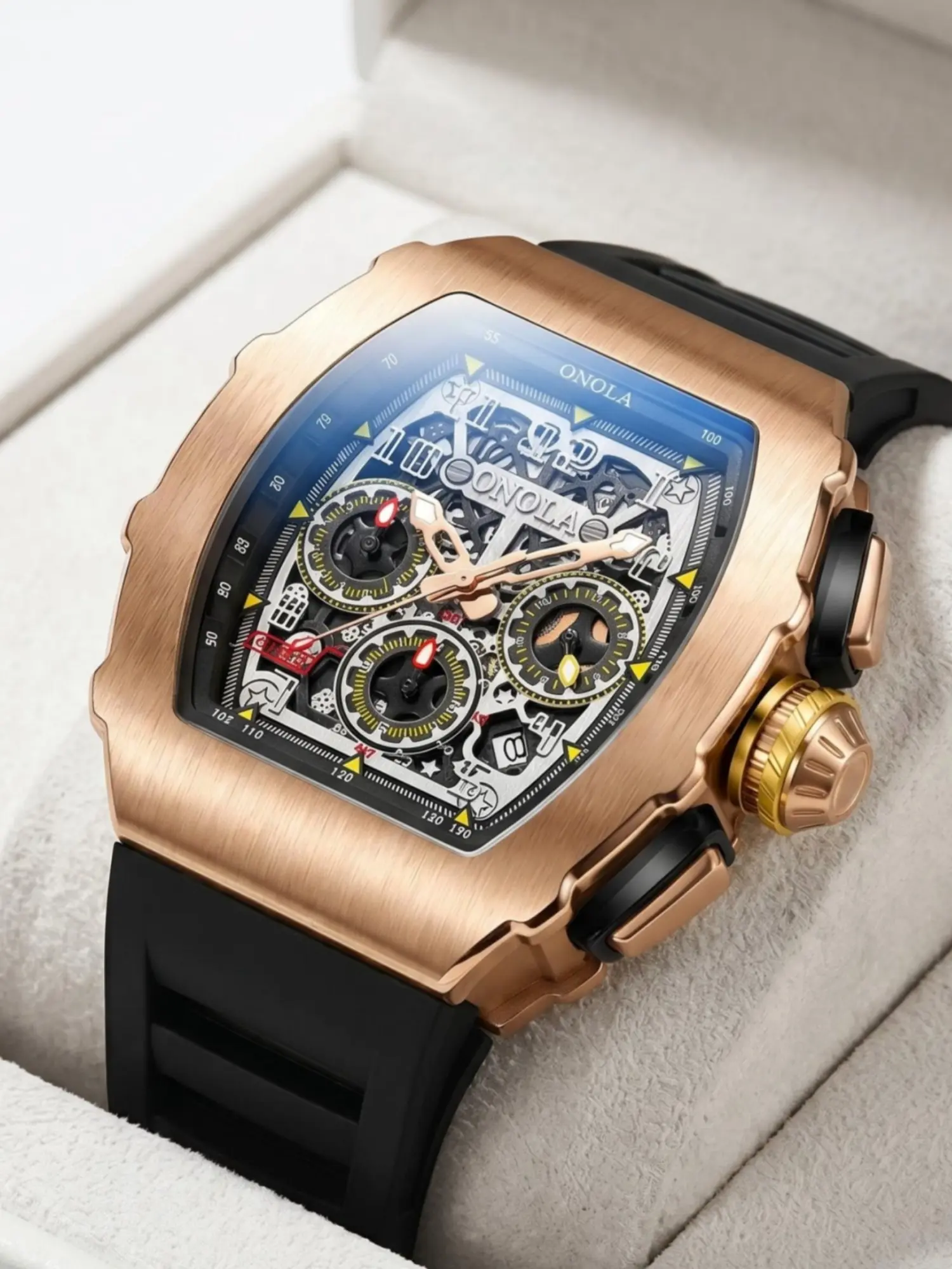 ONOLA Barrel-Shaped Quartz Watch – Luxury Men Watches, Fashion Watch, Luminous Skeleton Watch, Luxury Business Watch for Men, Silicone Strap, 30-Meter Water-Resistant Watch, Casual Watch, for Boyfriend's Anniversary Gilf, Casual Quartz Analog