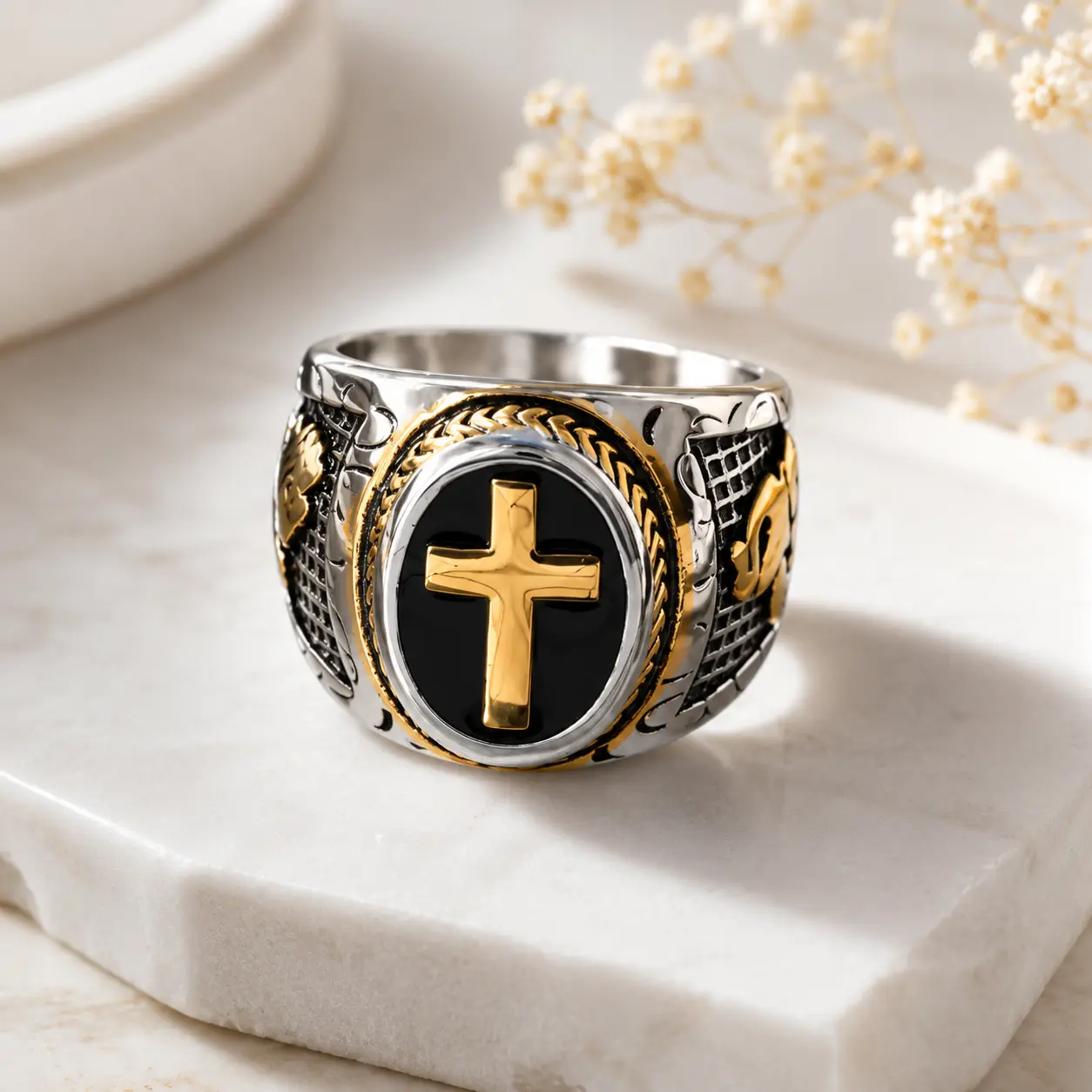 Stainless Steel Praying Hands Cross Ring for Men, Christian Faith Jewelry Gift for Husband, Elegant Party Accessory