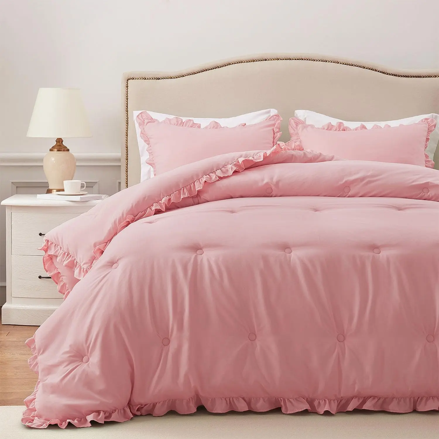 Queen Comforter Set - Pink Ruffle Comforter for Queen Size Bed, Fluffy Comforter Set, 3 Pieces Shabby Chic Bedding with 1 Comforter & 2 Pillow Shams