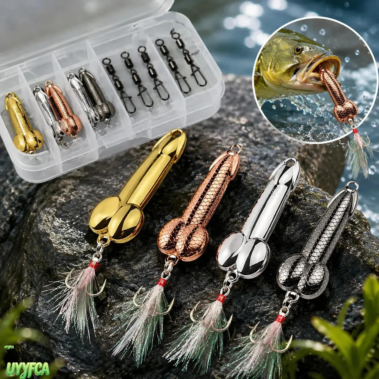 4-Pack Novelty Funny Shape Metal Spoon Fishing Lures with Sharp Treble Hooks, Embossed Reflective Scale, Slow-Sinking High-Reflective Wobble Flash Artificial Baits for Freshwater Fishing Bass Trout Walleye Angler Gift