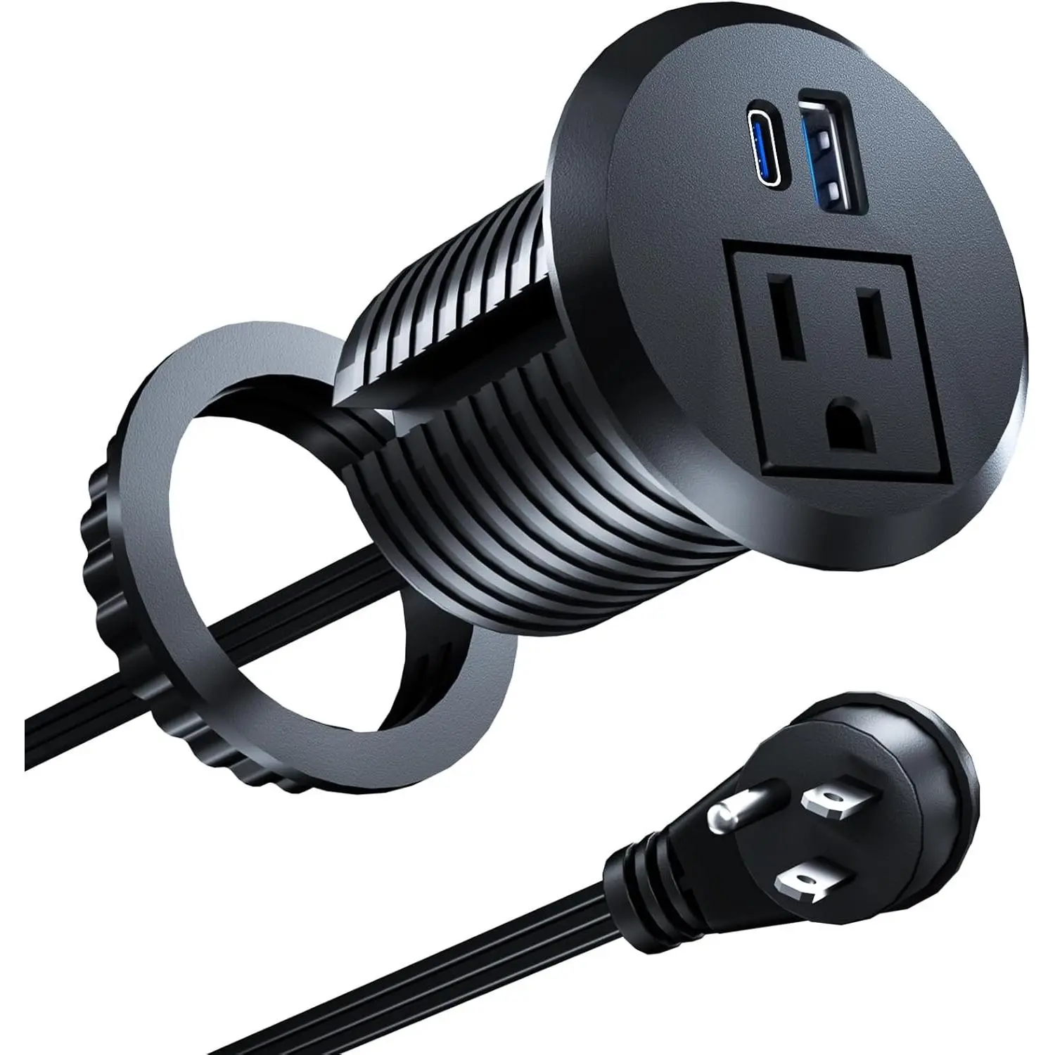 Recessed Power Grommet with 20W USB C Fast Charging, 2 inch Conference Recessed Outlet,Flush Mount for Desk,Office Tables,Furniture,6FT Cord, 45° Thin Flat Plug (Black, Grommet Outlet)