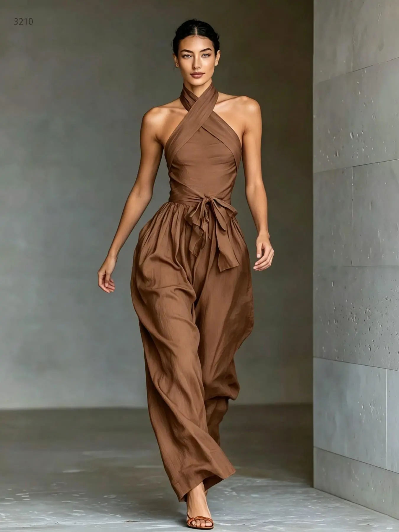 D3210 Minimal Quiet Luxury Soft Life Co-Ord Women Jumpsuit, Wrap Halter Neck Adjustable Belt Waist, Hidden Pockets Flowy Wide Leg Daily Athleisure Outfit.
