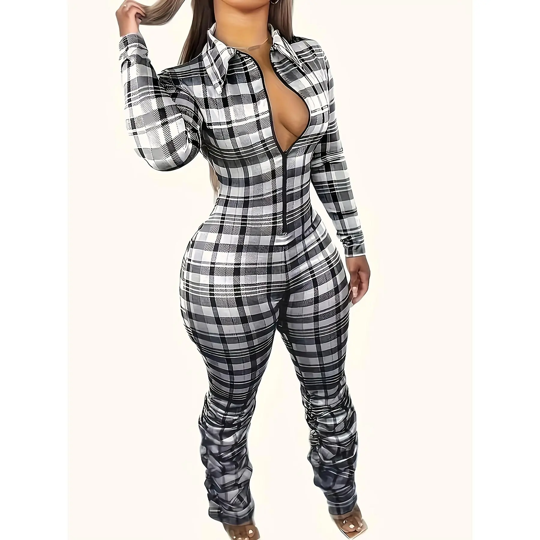 Women's Casual Plaid Jumpsuit, Long Sleeve Zip-Front Knit Polyester Unitard with a Lapel Collar for Fall & Winter, Fabric, Women's Clothes, Elastane, Machine Washable, Overalls, Plaid Print, Unitard Cut, Polyester Knit, Full Length