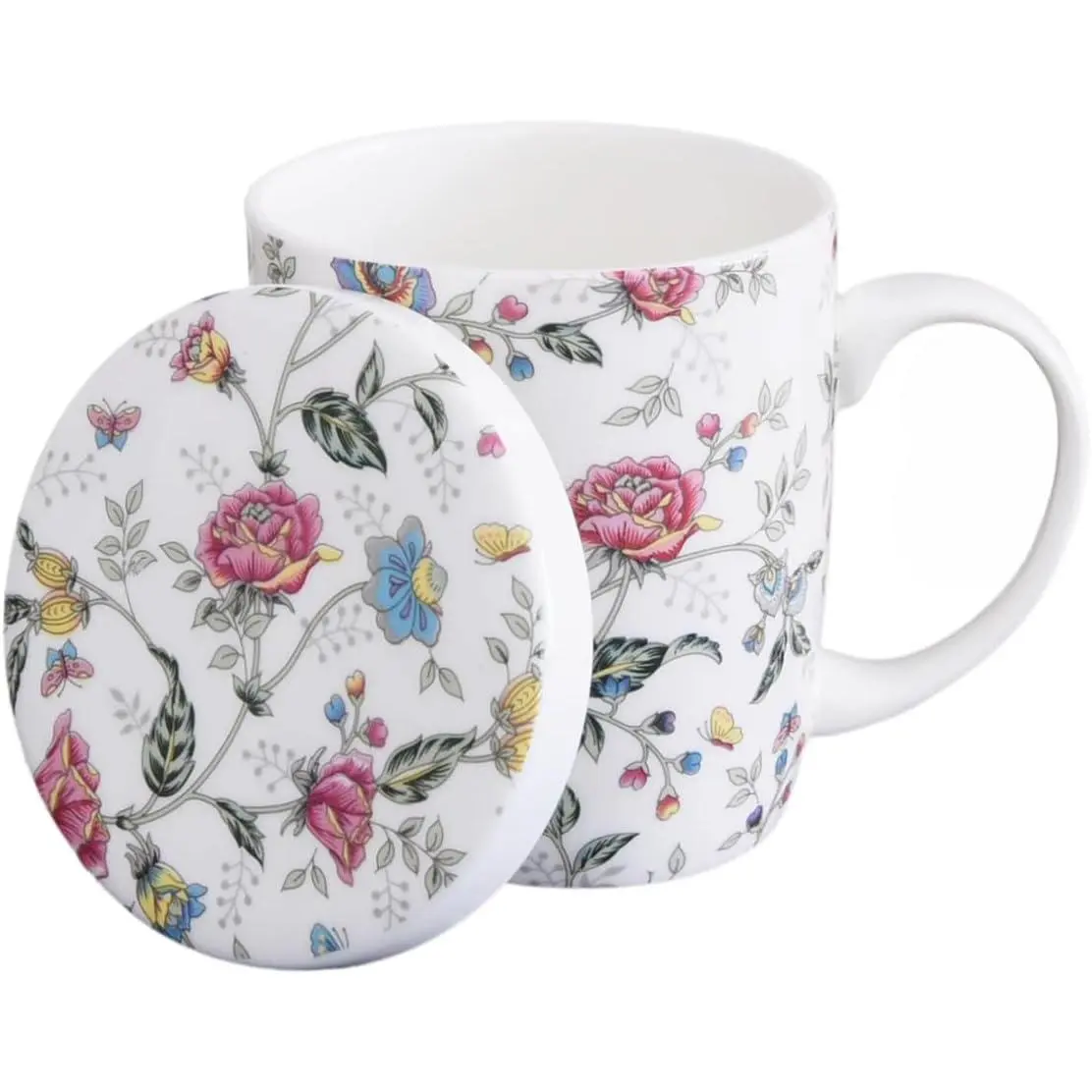 Porcelain Mug with Lid, 10oz   Milk Mug Coffee Mug, Colorful Floral