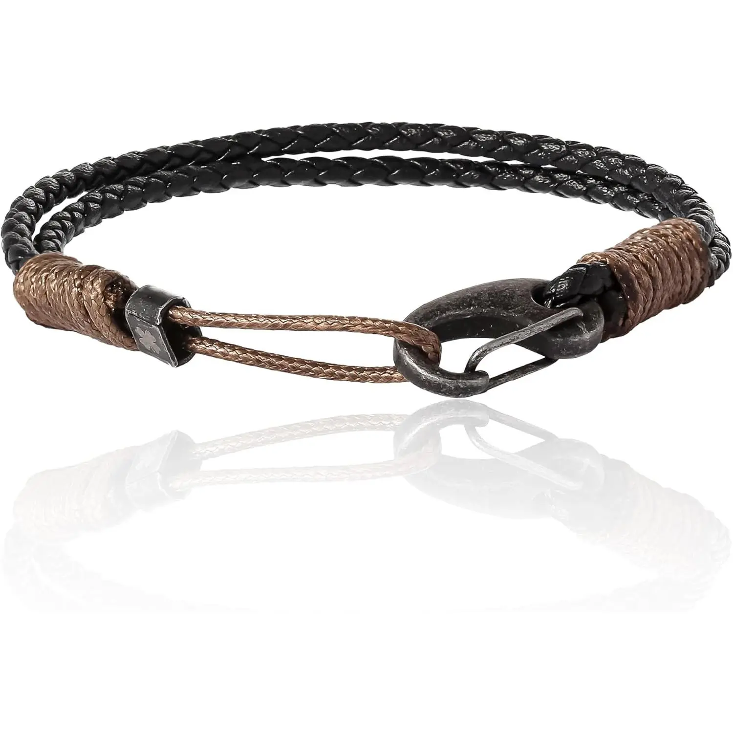 Lucky Brand 2-Row Corded Black Leather Unisex Bracelet, 8 inches, with Brown Rope, Carabiner Clip, Stylish Rope Jewelry for Birthday Gifting
