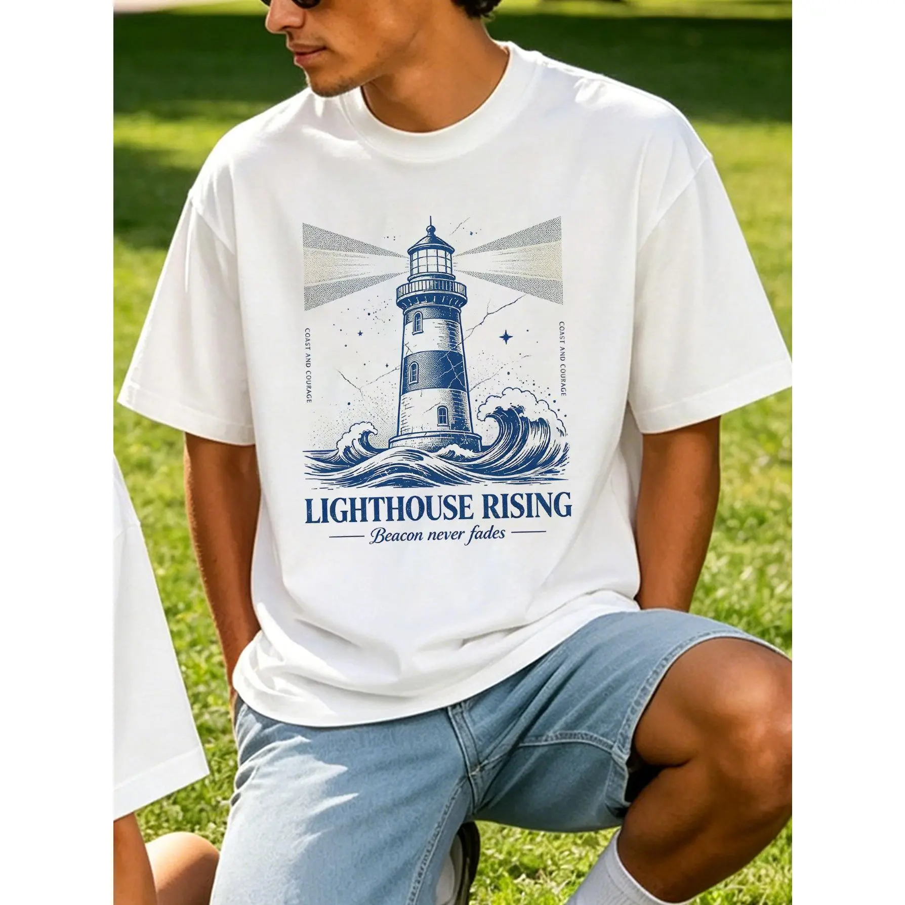 Vintage Lighthouse Graphic T-Shirt for Men, Nautical Coastal Crew Neck Short Sleeve Cotton Tee, Casual Maritime Streetwear