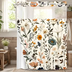 2D Floral Double-Layer Woven Shower Curtain (No Hooks), Transparent Top Window with Removable Snap-On Liner, Modern Bathroom Partition Decor
